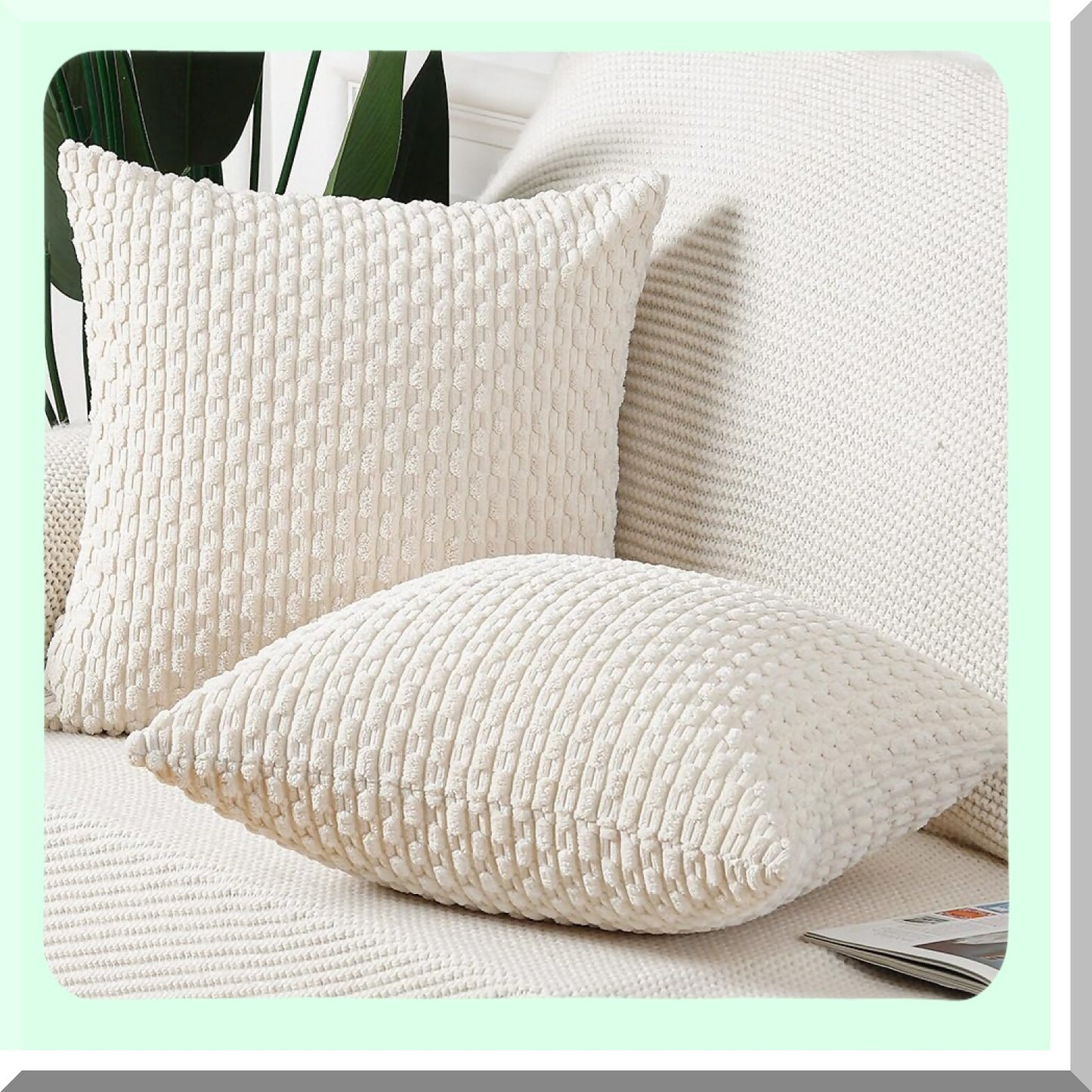 Boho Stripe Corduroy Pillow Covers - Set of 2 Cream White 14x14 Inch Soft Decorative Cushion Shell for Bedroom Sofa - Throw Pillow Pack
