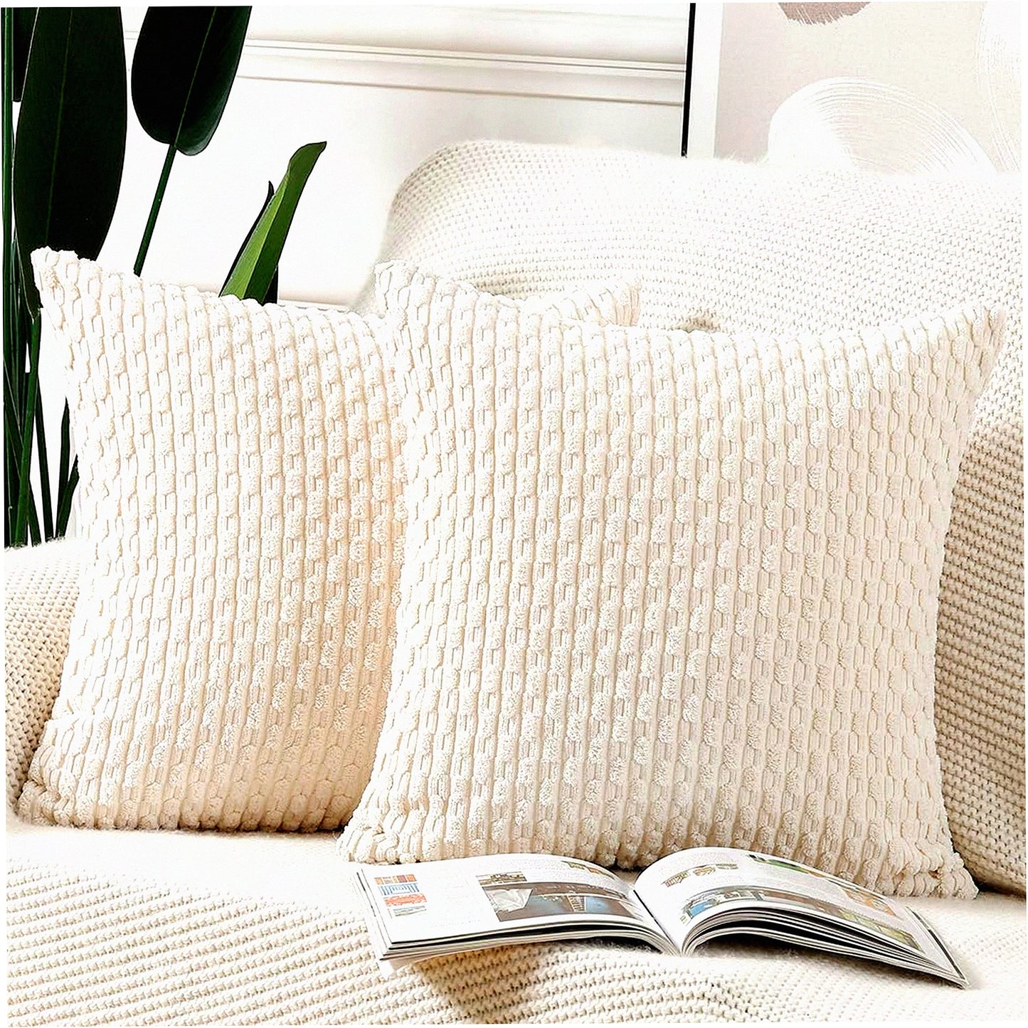Boho Stripe Corduroy Pillow Covers - Set of 2 Cream White 14x14 Inch Soft Decorative Cushion Shell for Bedroom Sofa - Throw Pillow Pack
