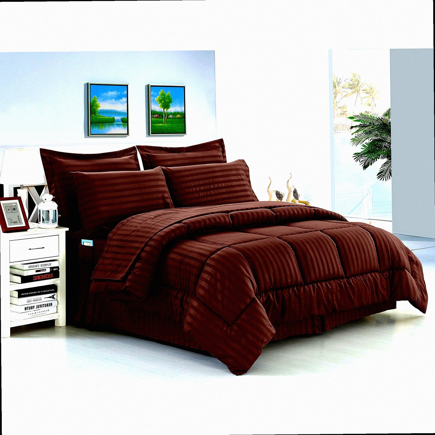Chocolate SilkEase Wrinkle-Free Stripe Bed Set - 8pc Full/Queen Comforter Ensemble - Luxe Softness, Easy Care - Bed-in-a-Bag