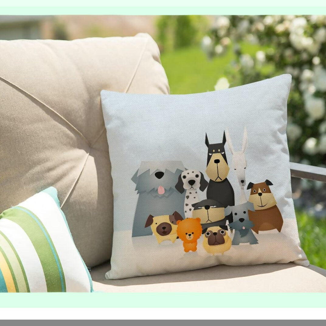 Funny Paws Pillow Cover - Cute Cartoon Dogs Lover Decorative Case for Home Decor, 18x18 Inches Square Pillowcase with Colorful Dalmatian, Bulldog, Pug, and Poodle Designs