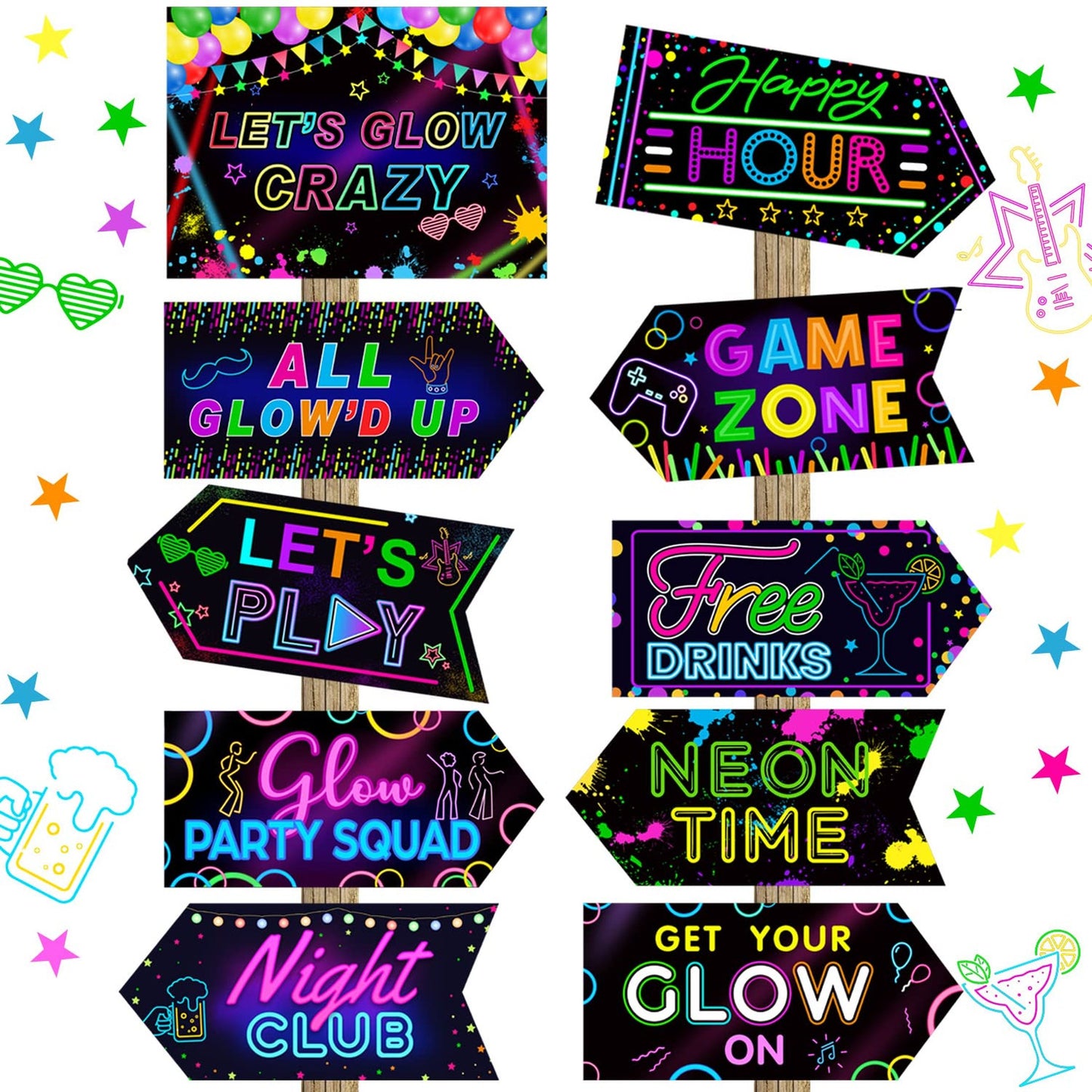 Neon Glow Party Signs Set - 20pcs Neon Happy Birthday Decorations, Let's Glow Crazy Welcome Signs, Glow in The Dark Party Supplies for Neon Theme Party