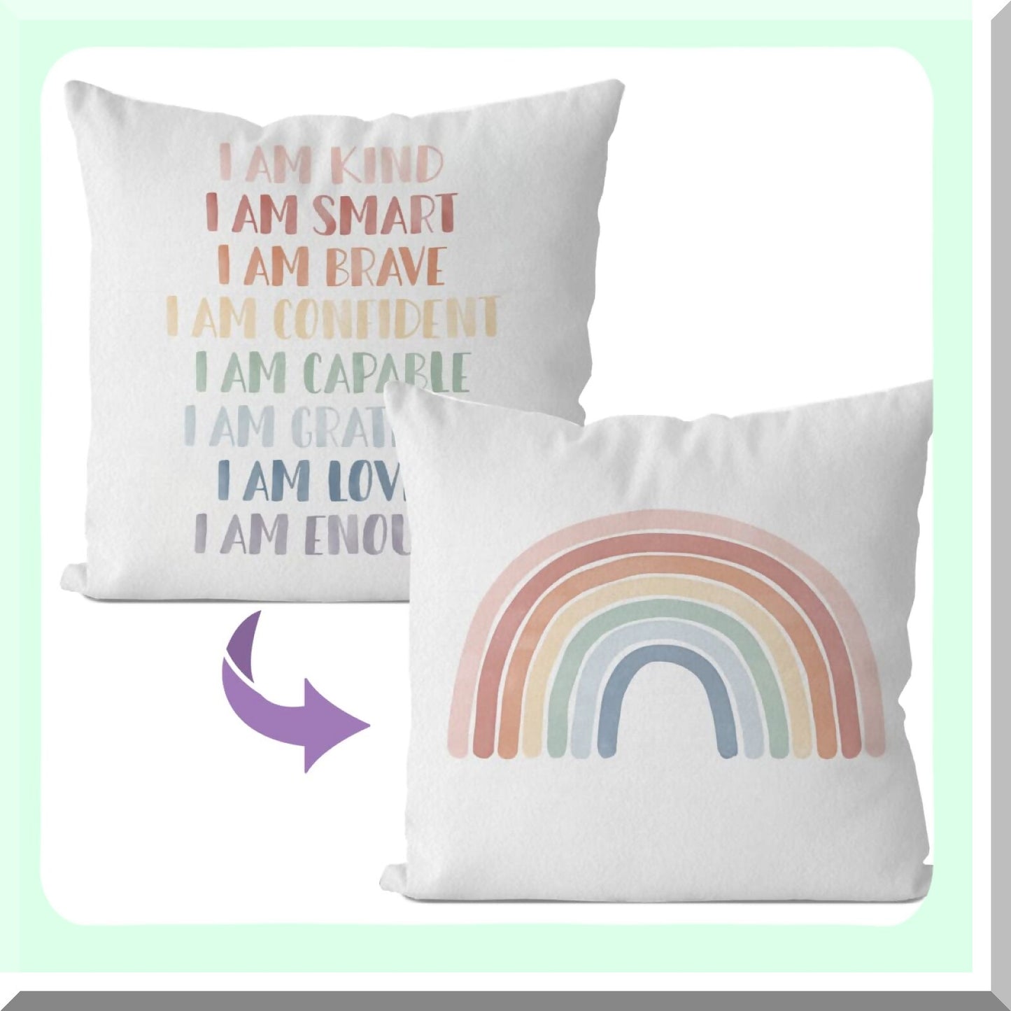 Rainbow Affirmations Kids Reversible Pillow Cover - Inspirational Cushion Case for Nursery Decor - Decorative Pillowcase for Kid's Room - 18X18 Inch