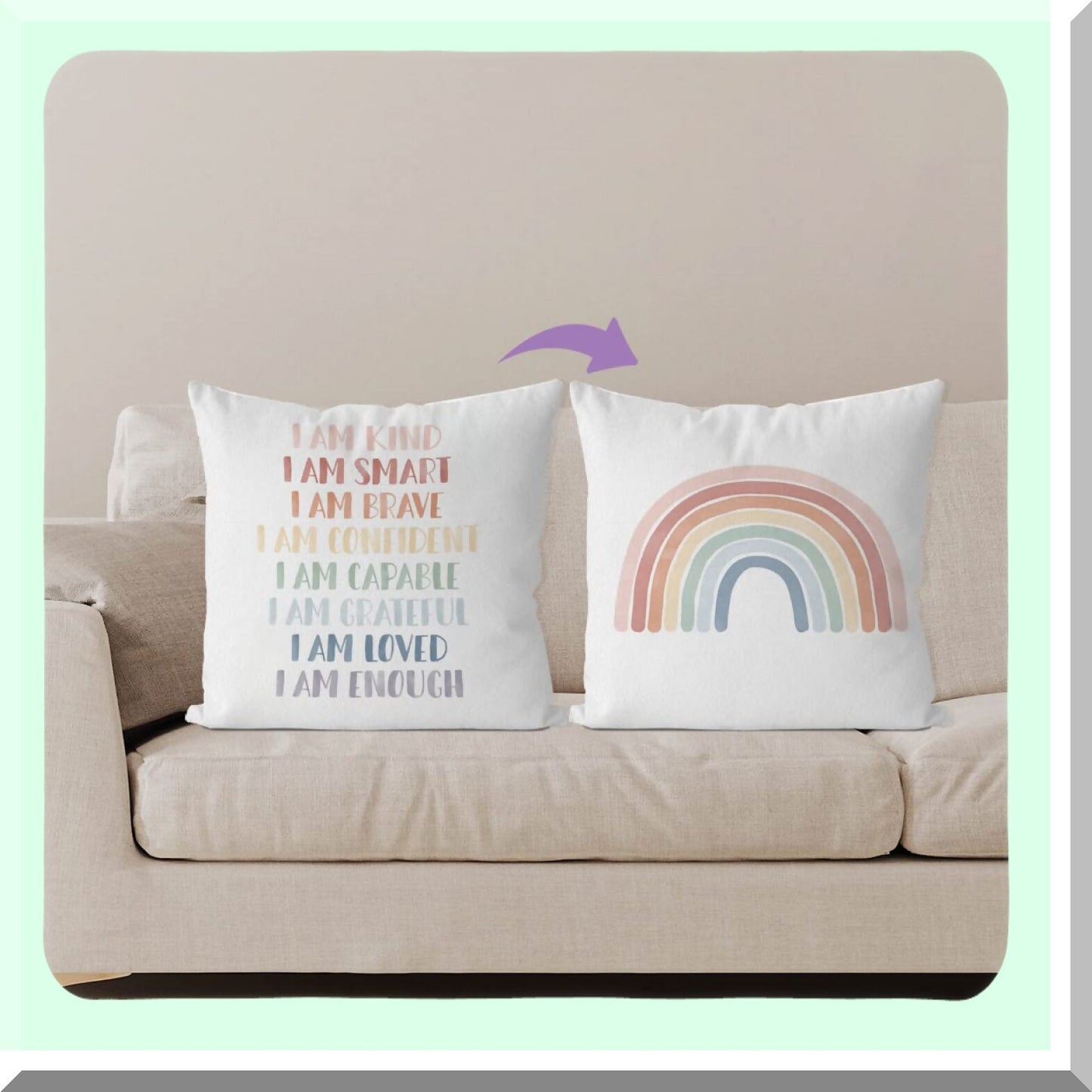 Rainbow Affirmations Kids Reversible Pillow Cover - Inspirational Cushion Case for Nursery Decor - Decorative Pillowcase for Kid's Room - 18X18 Inch