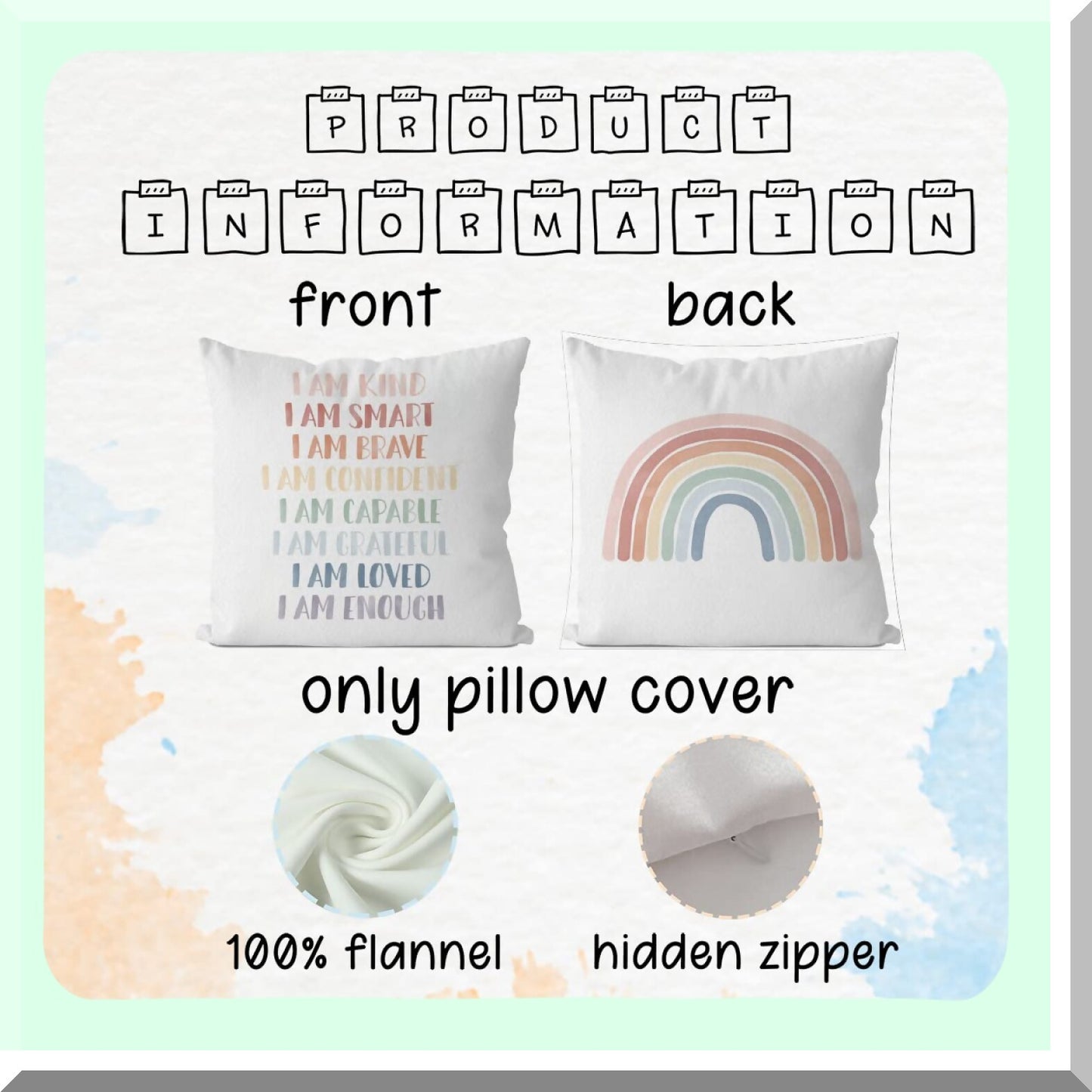 Rainbow Affirmations Kids Reversible Pillow Cover - Inspirational Cushion Case for Nursery Decor - Decorative Pillowcase for Kid's Room - 18X18 Inch