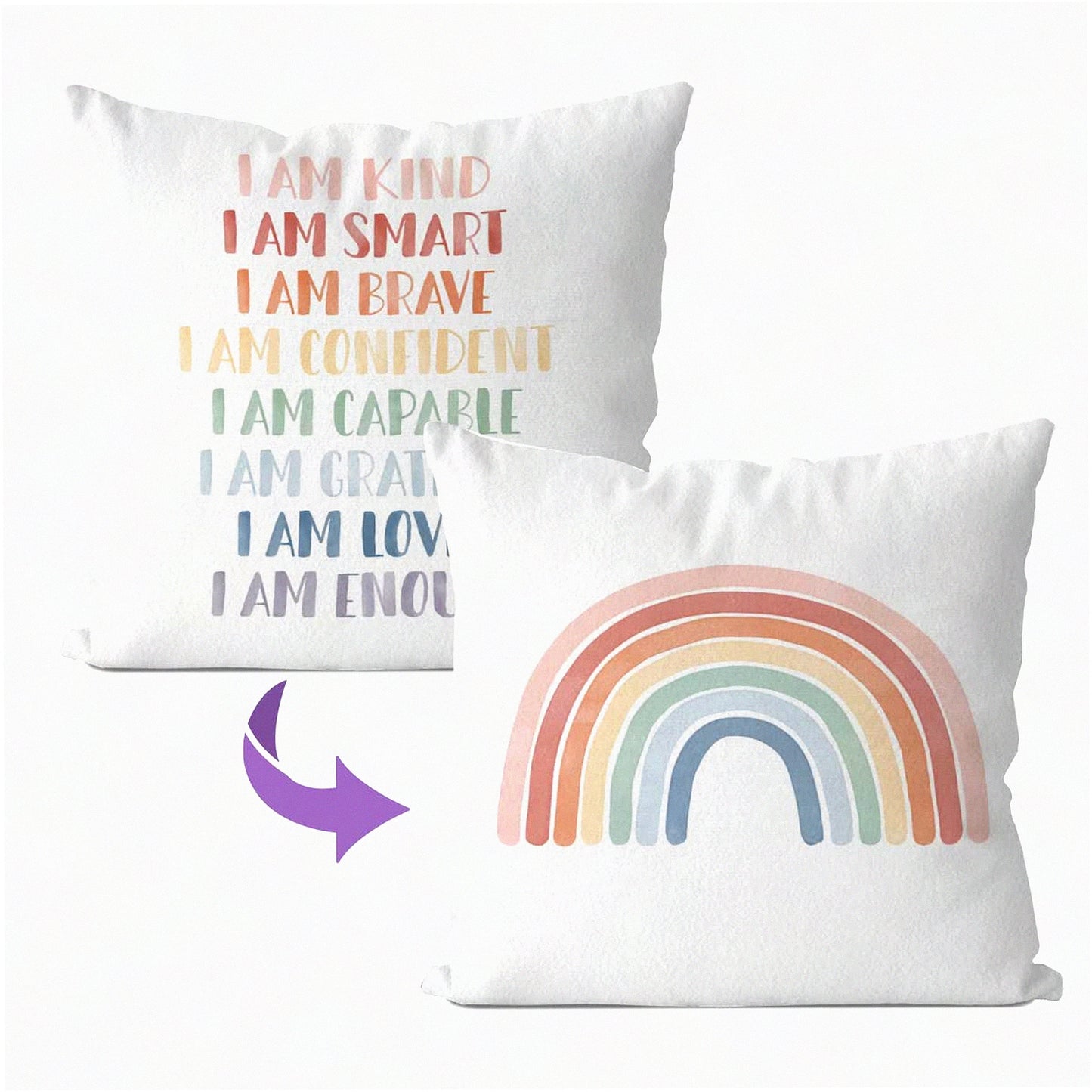 Rainbow Affirmations Kids Reversible Pillow Cover - Inspirational Cushion Case for Nursery Decor - Decorative Pillowcase for Kid's Room - 18X18 Inch