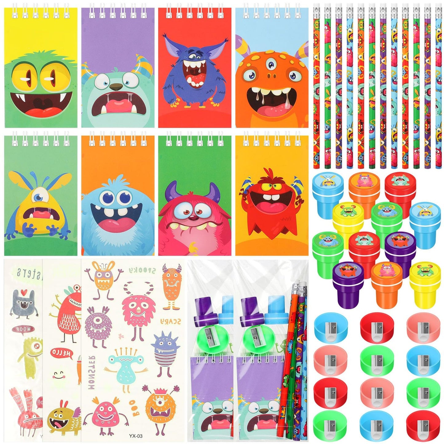 Monster Mania Party Pack - 65-Piece Set of Cute Monster Notebooks, Stampers, Pencils, Sharpeners, Stickers, Gift Bags, and Stationery for Kids' Birthday Parties and Classroom Rewards
