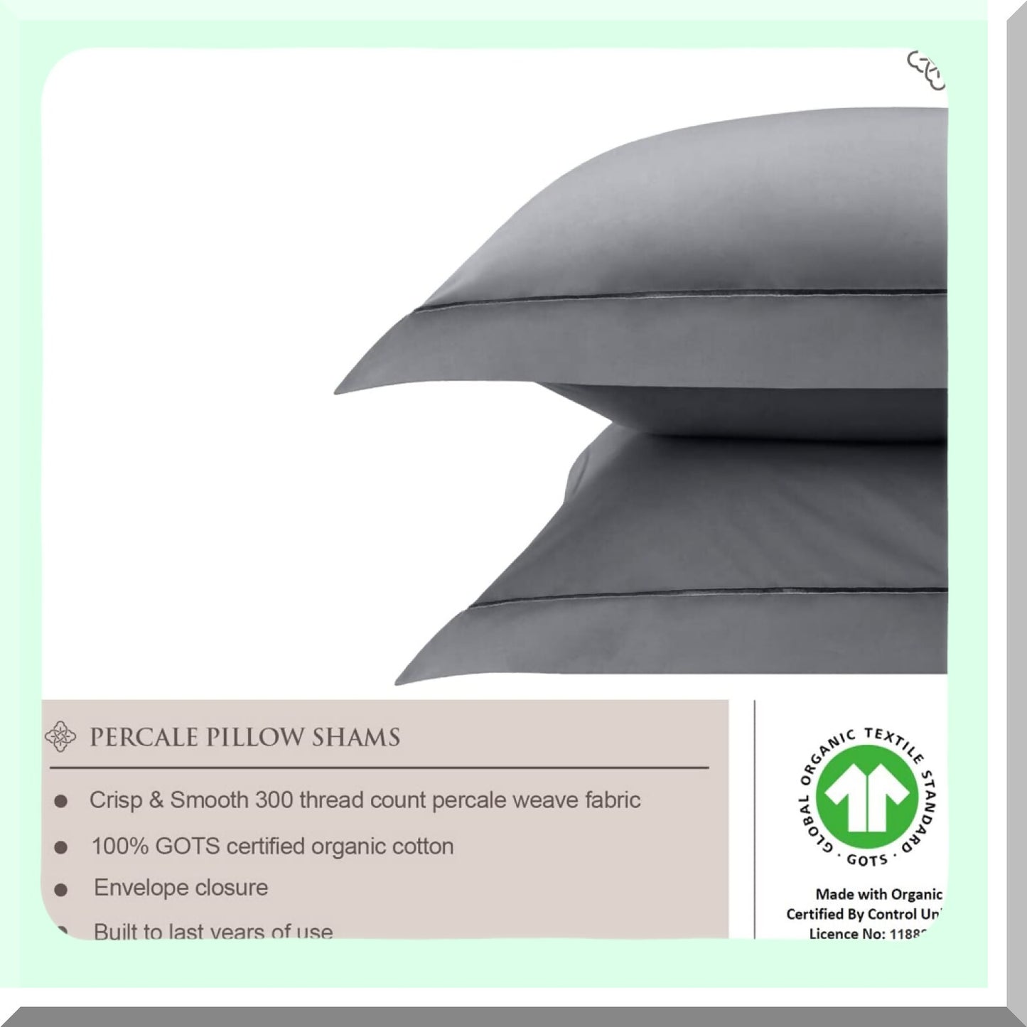 CoolCotton Percale Pillow Shams - Standard Size Set of 2 - Soft & Crisp 300 TC GOTS - Steel Grey - Rich Marrowing Detail - Naturally Cooling - Breathable