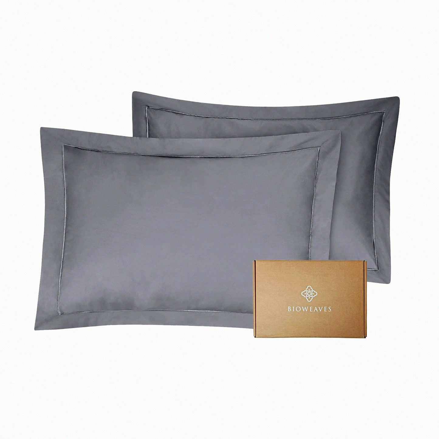 CoolCotton Percale Pillow Shams - Standard Size Set of 2 - Soft & Crisp 300 TC GOTS - Steel Grey - Rich Marrowing Detail - Naturally Cooling - Breathable