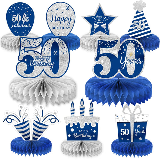 Blue Silver 50th Birthday Cheers Tabletop Set - 9 Piece Honeycomb Centerpieces for Men Women - Fifty Years Happy Birthday Party Decorations