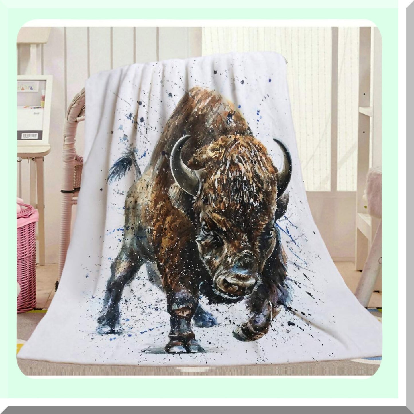Wild Bison Watercolor Throw Blanket - Soft, Warm, Decorative Blanket for Bed, Chair, Couch, Sofa - 30"x40""
