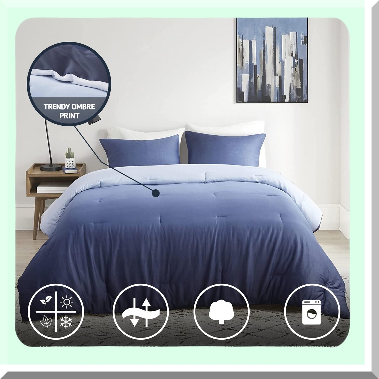 Indigo Blue Sateen Comforter Set - All Season Down Alternative Bedding with Matching Shams - Soft, Breathable, Cozy - Full/Queen Size 90"x90" - Trendy 3 Piece