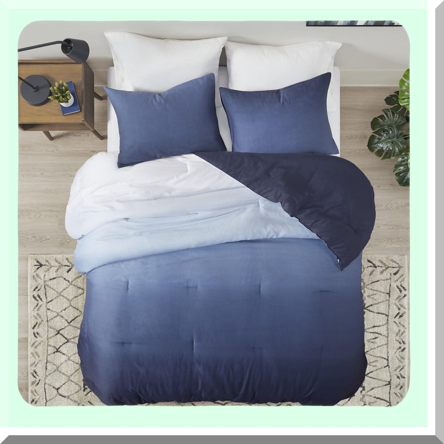 Indigo Blue Sateen Comforter Set - All Season Down Alternative Bedding with Matching Shams - Soft, Breathable, Cozy - Full/Queen Size 90"x90" - Trendy 3 Piece