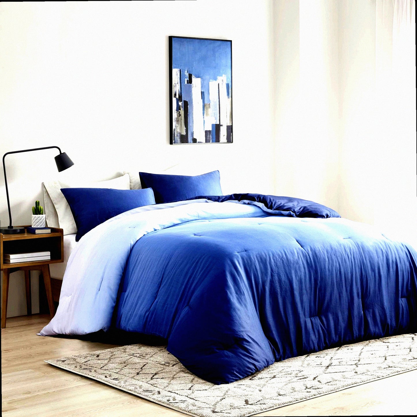 Indigo Blue Sateen Comforter Set - All Season Down Alternative Bedding with Matching Shams - Soft, Breathable, Cozy - Full/Queen Size 90"x90" - Trendy 3 Piece