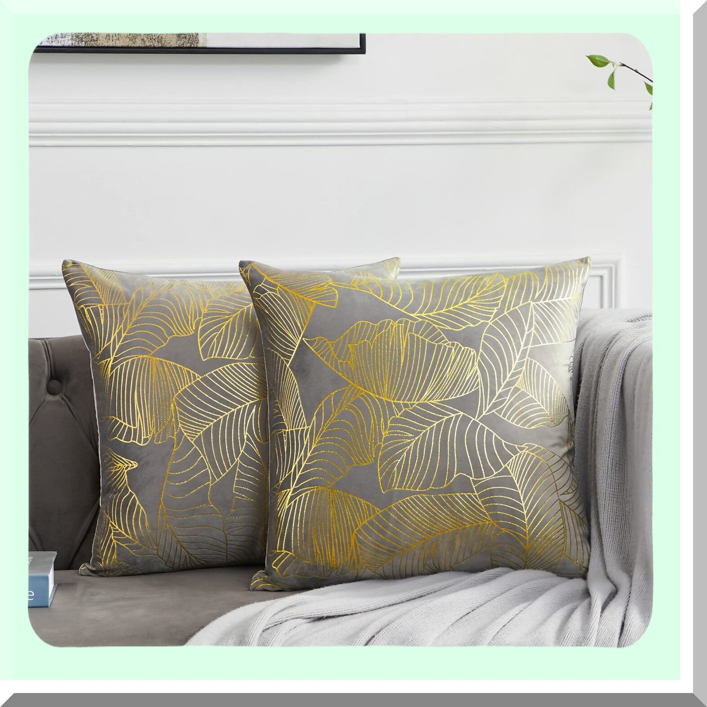 Luxury Velvet Leaf Decorative Pillow Covers - Set of 2, Grey Gold Fall Cushion Covers for Sofa 18x18 - Elegant Couch Pillow Covers
