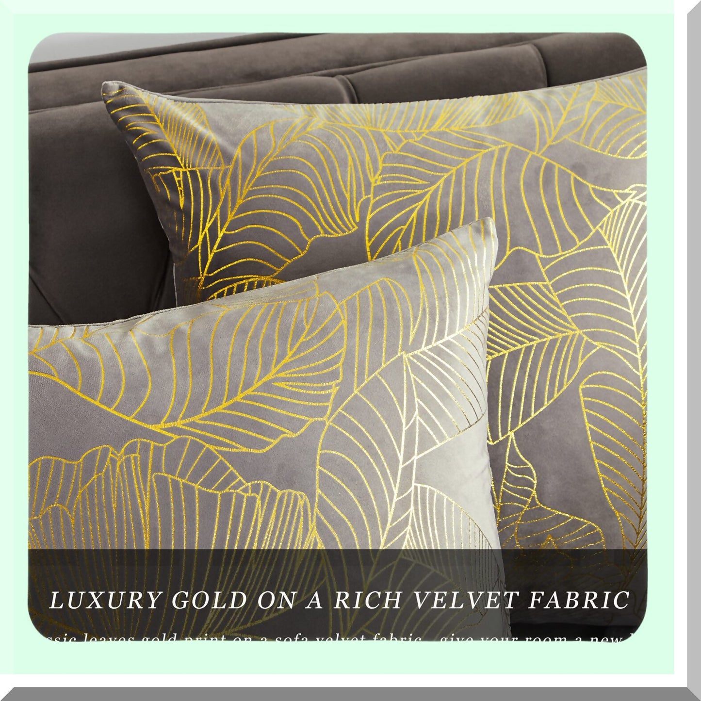 Luxury Velvet Leaf Decorative Pillow Covers - Set of 2, Grey Gold Fall Cushion Covers for Sofa 18x18 - Elegant Couch Pillow Covers