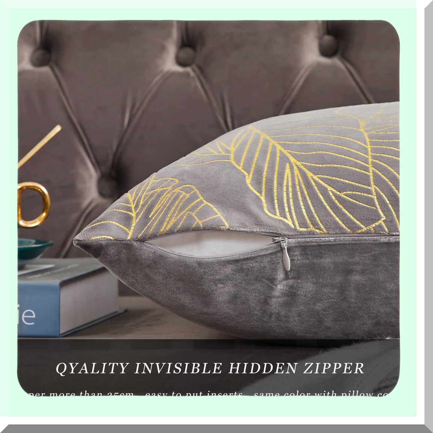 Luxury Velvet Leaf Decorative Pillow Covers - Set of 2, Grey Gold Fall Cushion Covers for Sofa 18x18 - Elegant Couch Pillow Covers