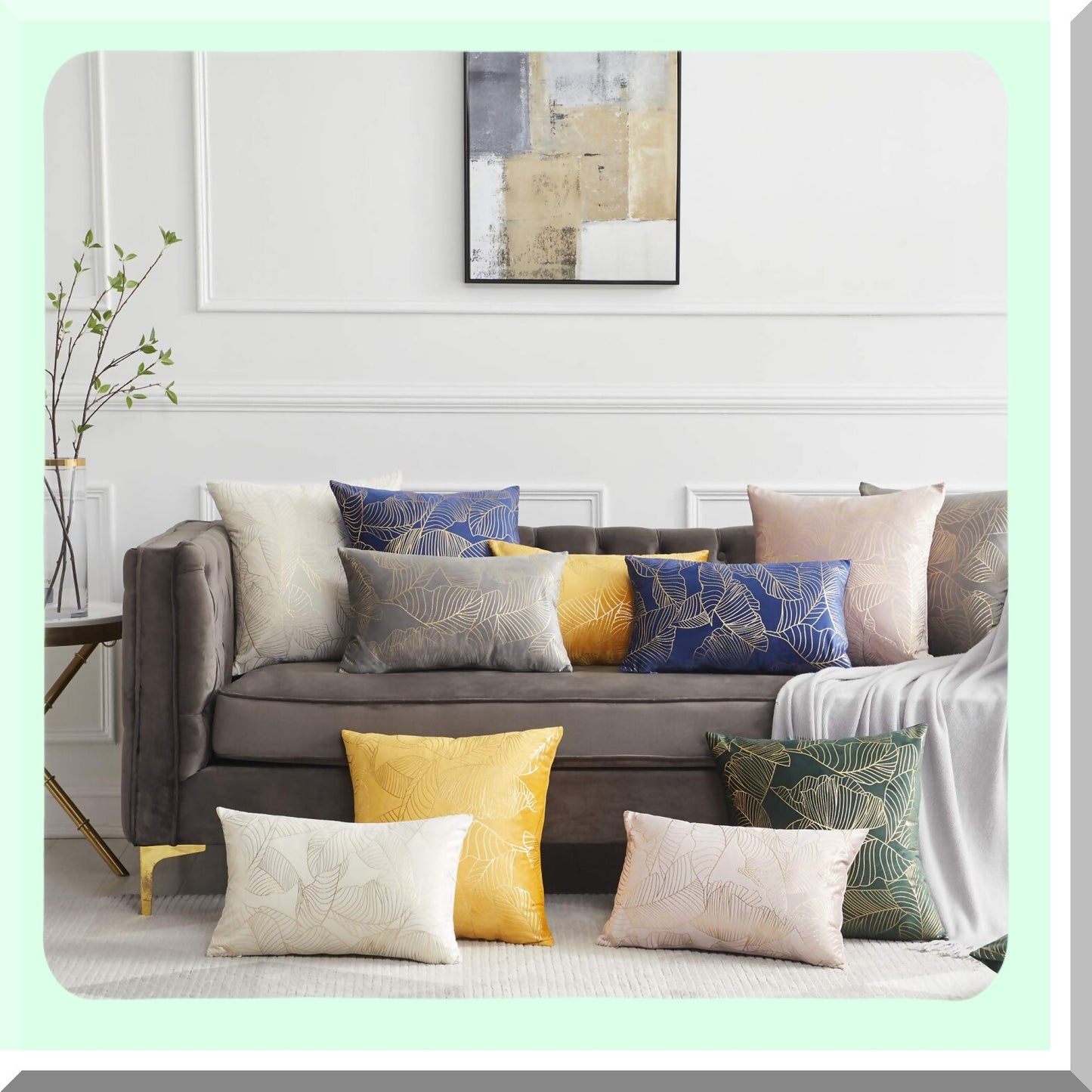 Luxury Velvet Leaf Decorative Pillow Covers - Set of 2, Grey Gold Fall Cushion Covers for Sofa 18x18 - Elegant Couch Pillow Covers