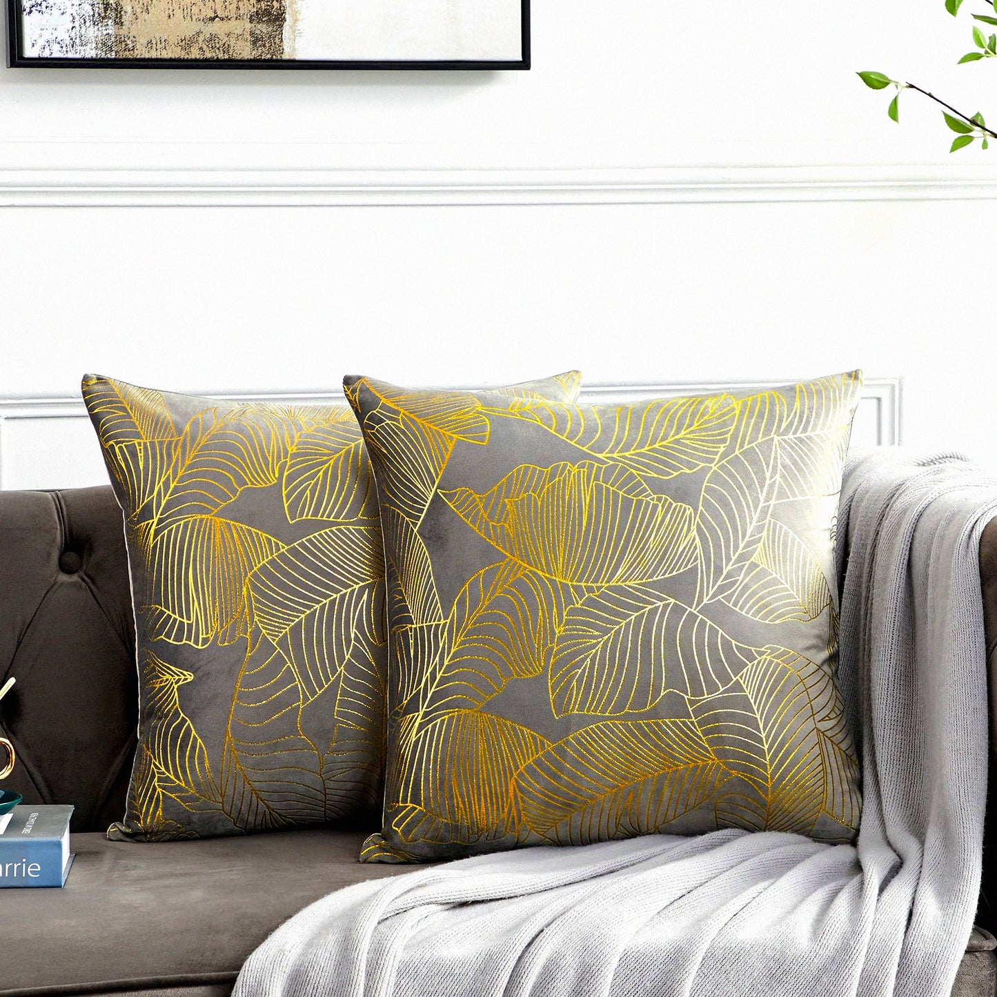 Luxury Velvet Leaf Decorative Pillow Covers - Set of 2, Grey Gold Fall Cushion Covers for Sofa 18x18 - Elegant Couch Pillow Covers