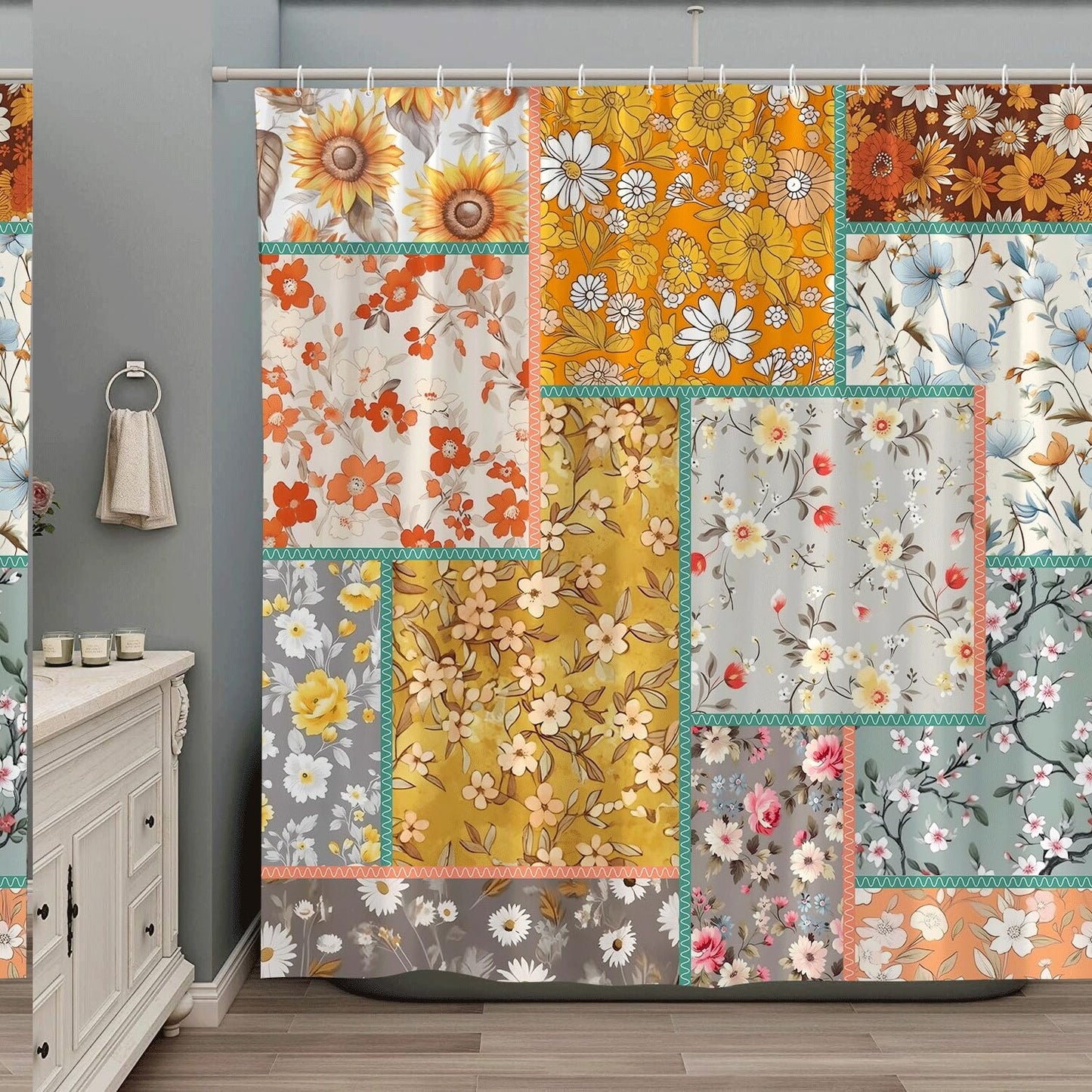 Boho Colorful Patchwork Floral Shower Curtain 70x70 Inch