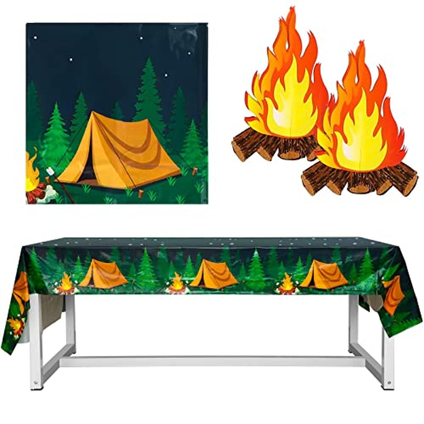 Adventure Campfire Tablecloth Set - 2 Camping Rectangle Tablecloths & 2 Fake Campfire 3D Centerpieces. Perfect for Birthday & Shower Parties!