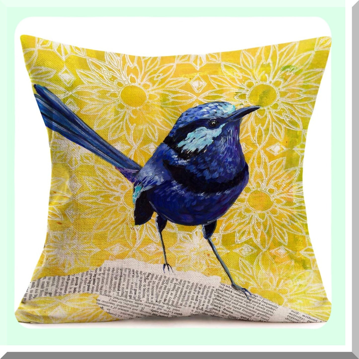 Blue Robin Chrysanthemum Throw Pillow Cover - 18"x18" Cotton Linen Decorative Cushion Case for Sofa - Yellow Background Lovely Animal Pattern