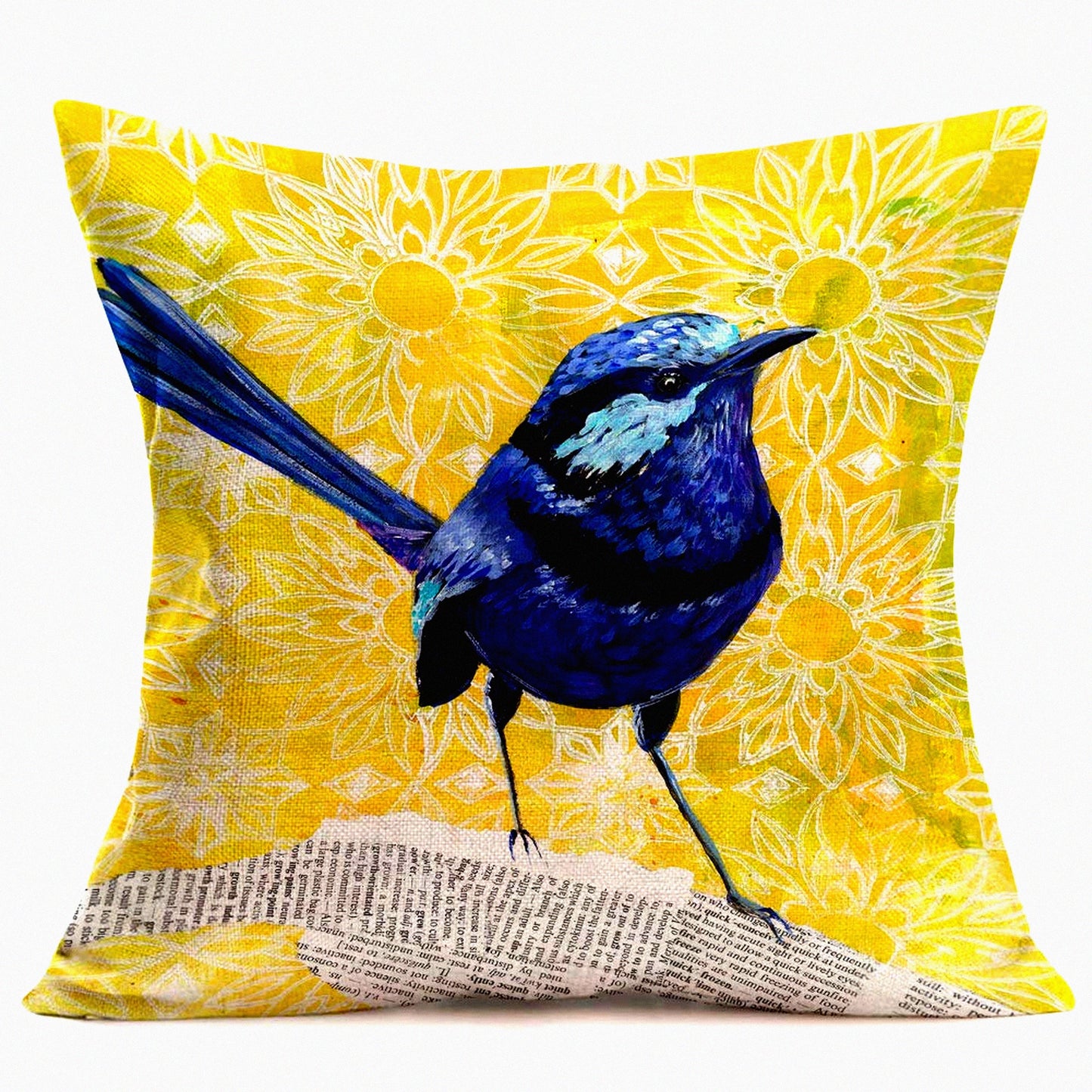 Blue Robin Chrysanthemum Throw Pillow Cover - 18"x18" Cotton Linen Decorative Cushion Case for Sofa - Yellow Background Lovely Animal Pattern