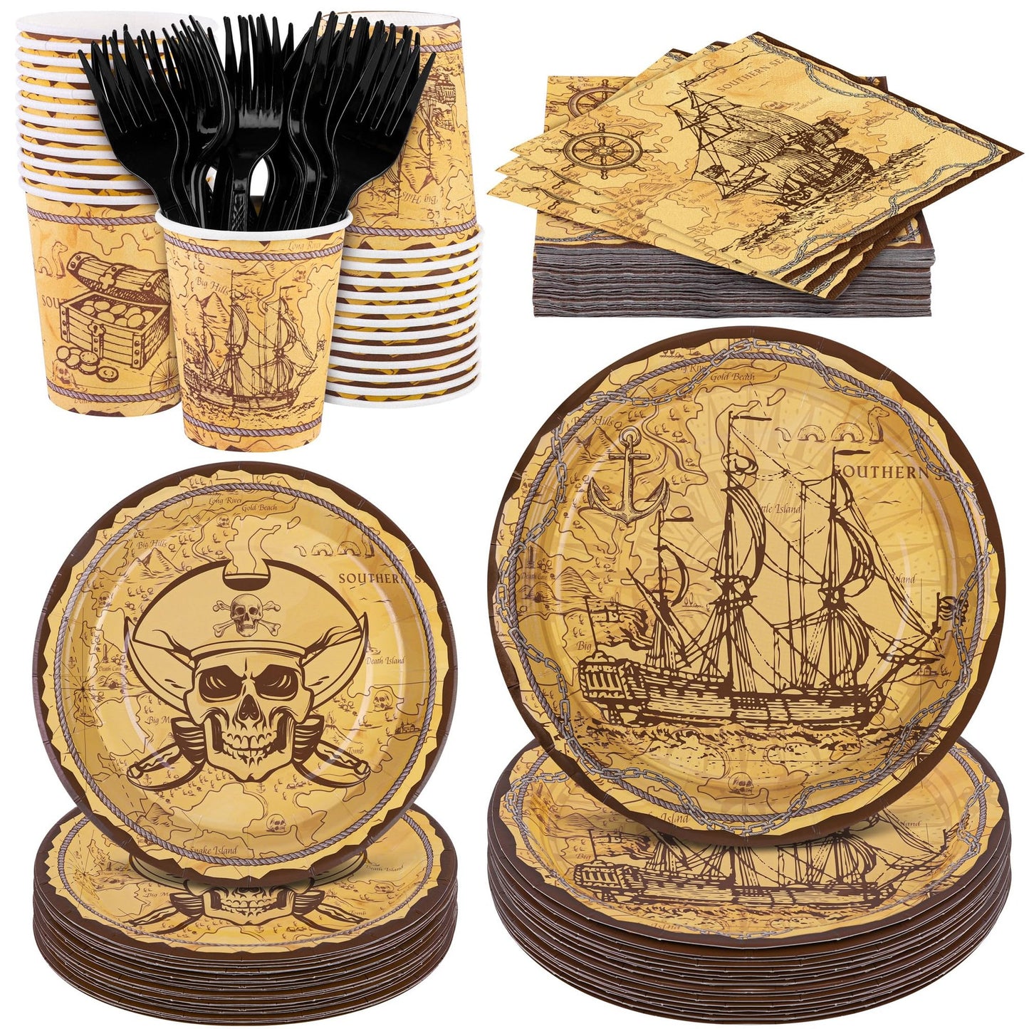 Pirate Treasure Party Pack - 144-Piece Pirate Tableware Set for 24 Guests - Plates, Cups, Napkins, Decorations, Favors - Treasure Map Theme