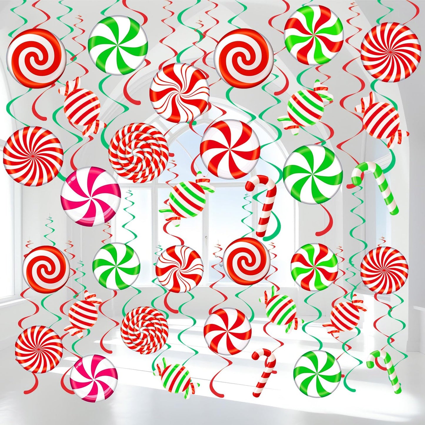 Peppermint Candy Swirls Party Decorations - 72 Pcs Hanging Swirl Garland & Cutouts for School, Home, Ceiling - Festive Decoration Supplies & Favors