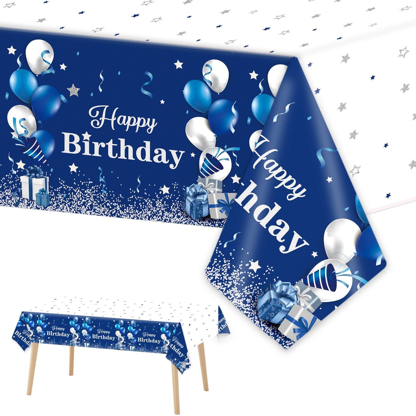Navy Blue Birthday Party Tablecloth Pack - Disposable Rectangle Plastic Cover with Confetti Stars - Kids Boys Girls Decorations 54x108" - Set of 3