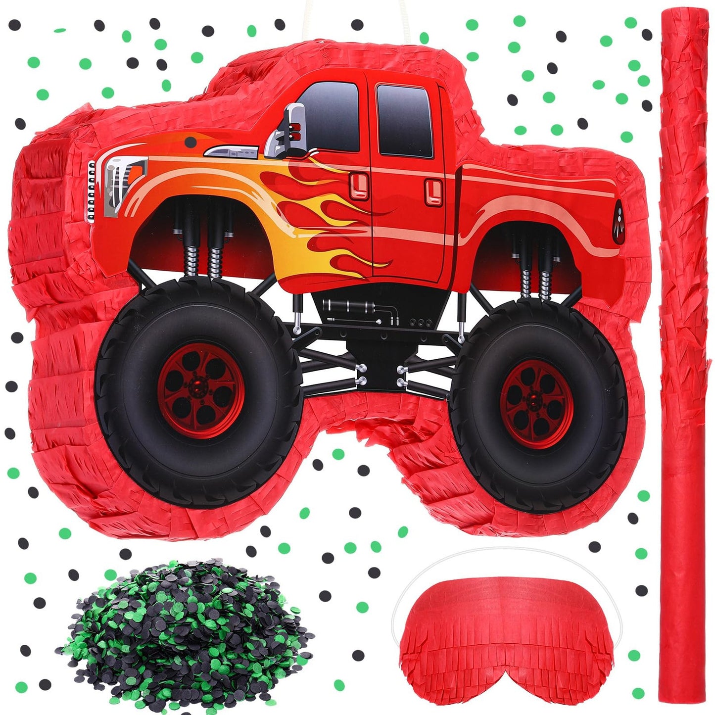 Construction Fun Truck Pinata Kit - Boys Birthday Party Supplies with Stick, Blindfold, and Confetti - Fiesta Decor Games for Kids Events (Red)