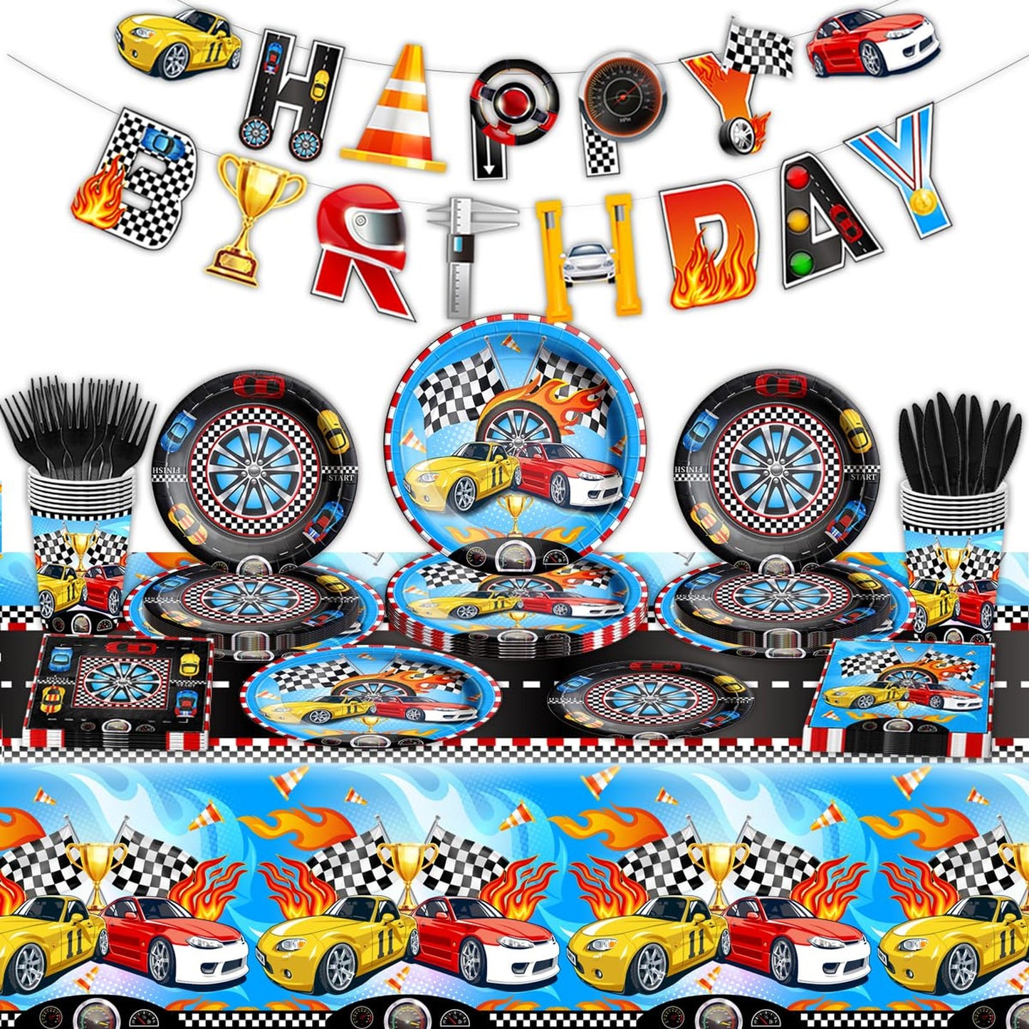 Speedway Party Pack - 142 Piece Racing Themed Tableware Set for Boys Birthday, Checkered Flag Plates and Napkins, Black Racetrack Decorations, Two Fast Race Car Theme