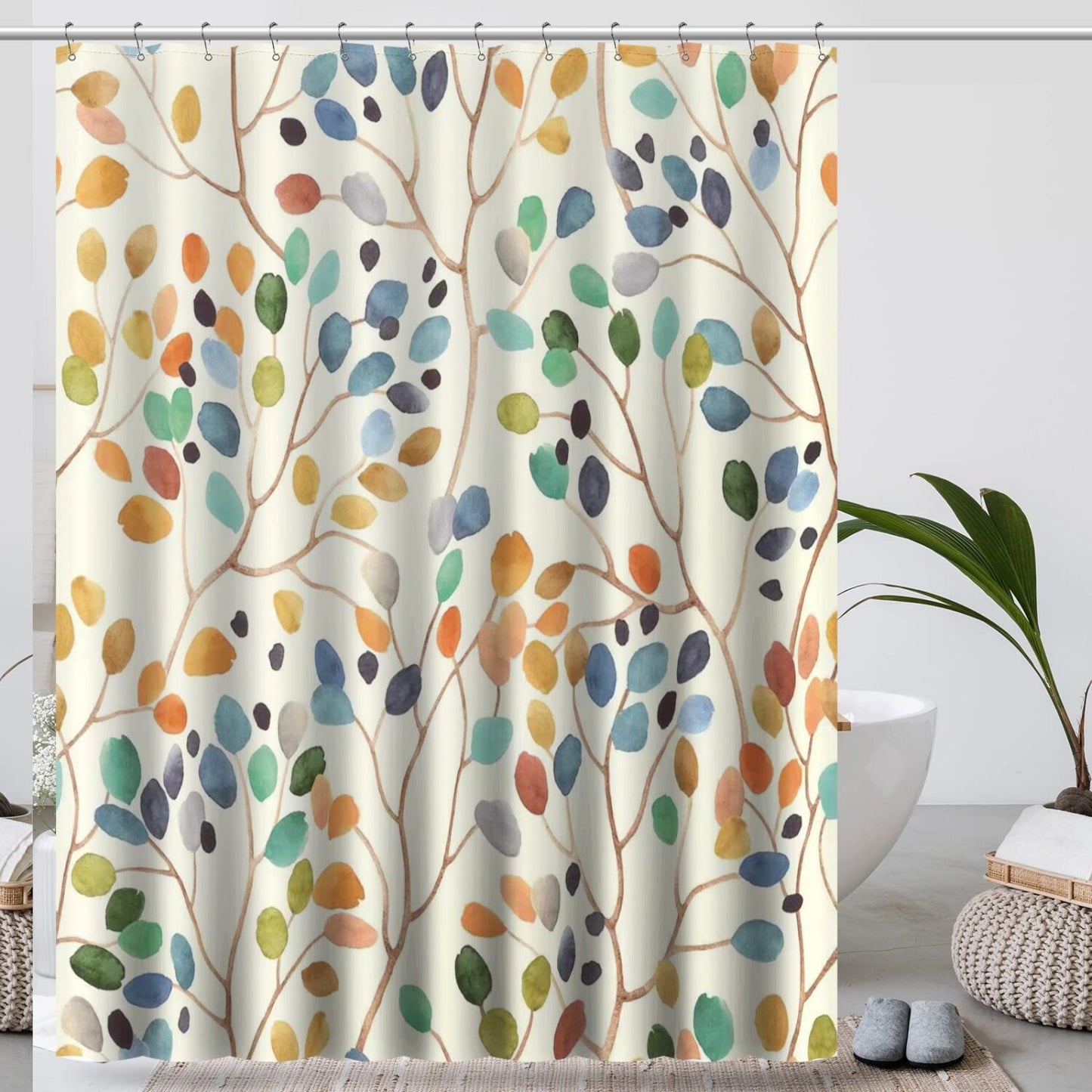 Floral Shower Curtain for Bathroom, Colorful Leaves, Set