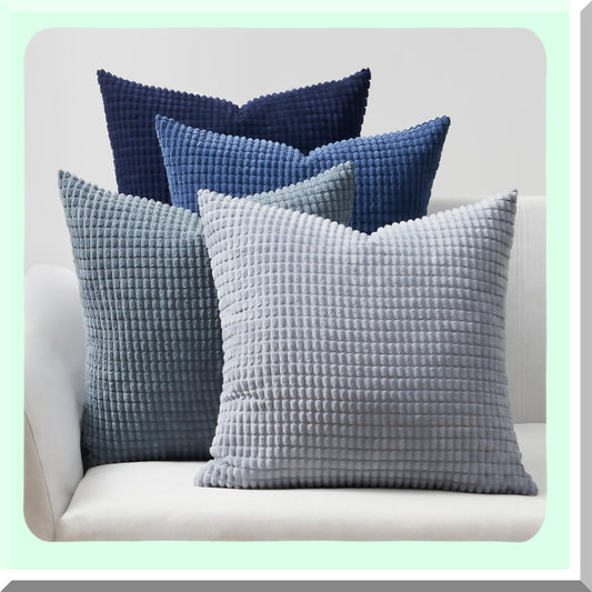 Blue Summer Corduroy Cushion Set - 20x20 Inch Modern Decorative Throw Pillow Covers for Couch, Sofa, Living Room - Dark Blue European Shams - Pack of 4