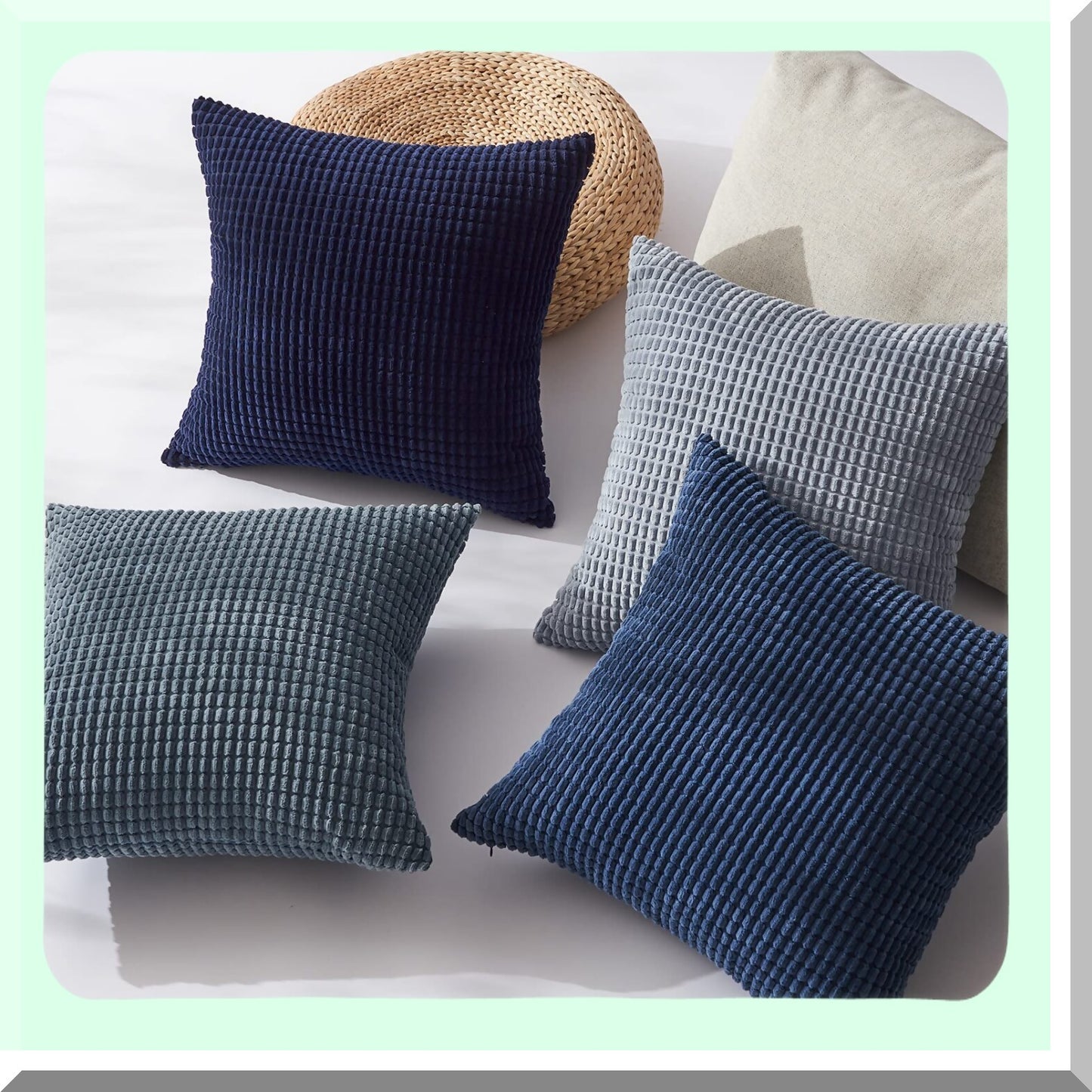 Blue Summer Corduroy Cushion Set - 20x20 Inch Modern Decorative Throw Pillow Covers for Couch, Sofa, Living Room - Dark Blue European Shams - Pack of 4