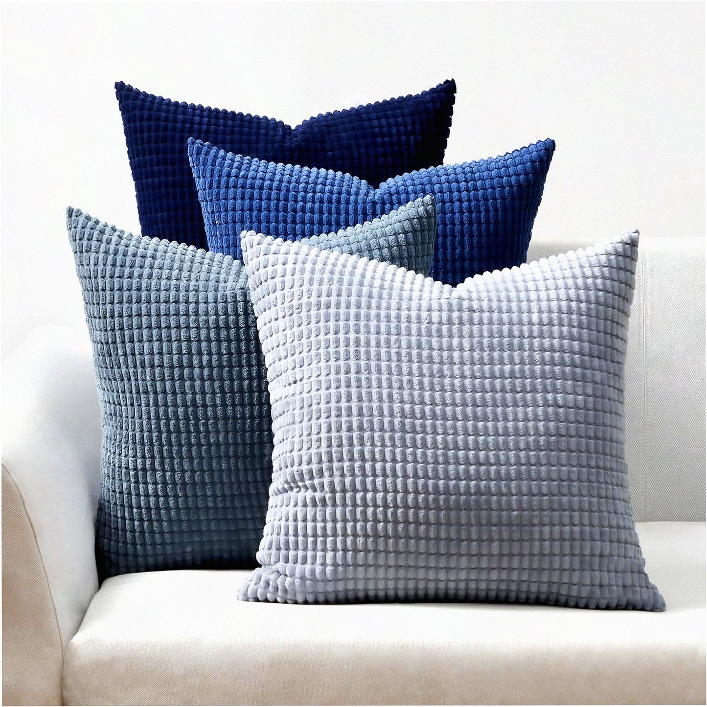 Blue Summer Corduroy Cushion Set - 20x20 Inch Modern Decorative Throw Pillow Covers for Couch, Sofa, Living Room - Dark Blue European Shams - Pack of 4