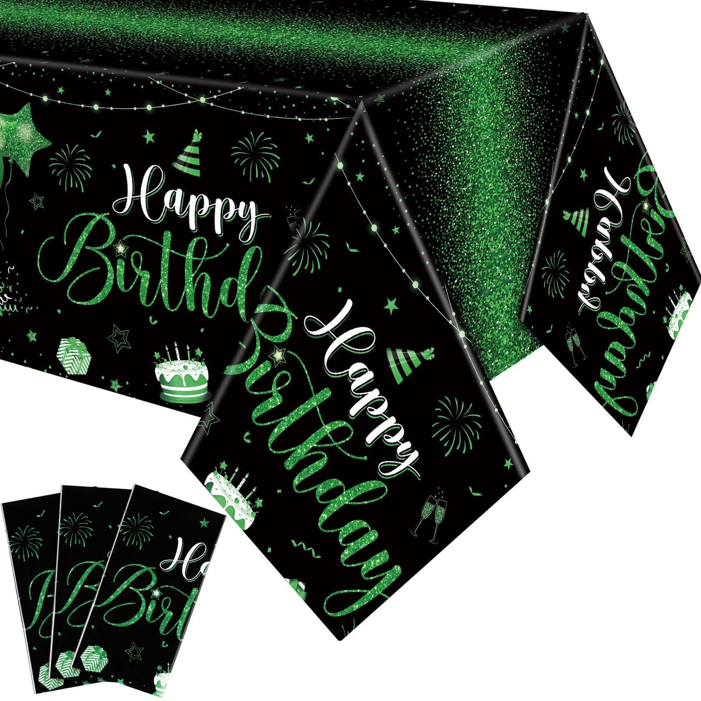 Birthday Bash Table Covers - Set of 3 Plastic Tablecloths for Men, Women, Baby Shower Parties. Decorate with Happy Birthday Decorations in Black & Green, 108 x 54 Inch.