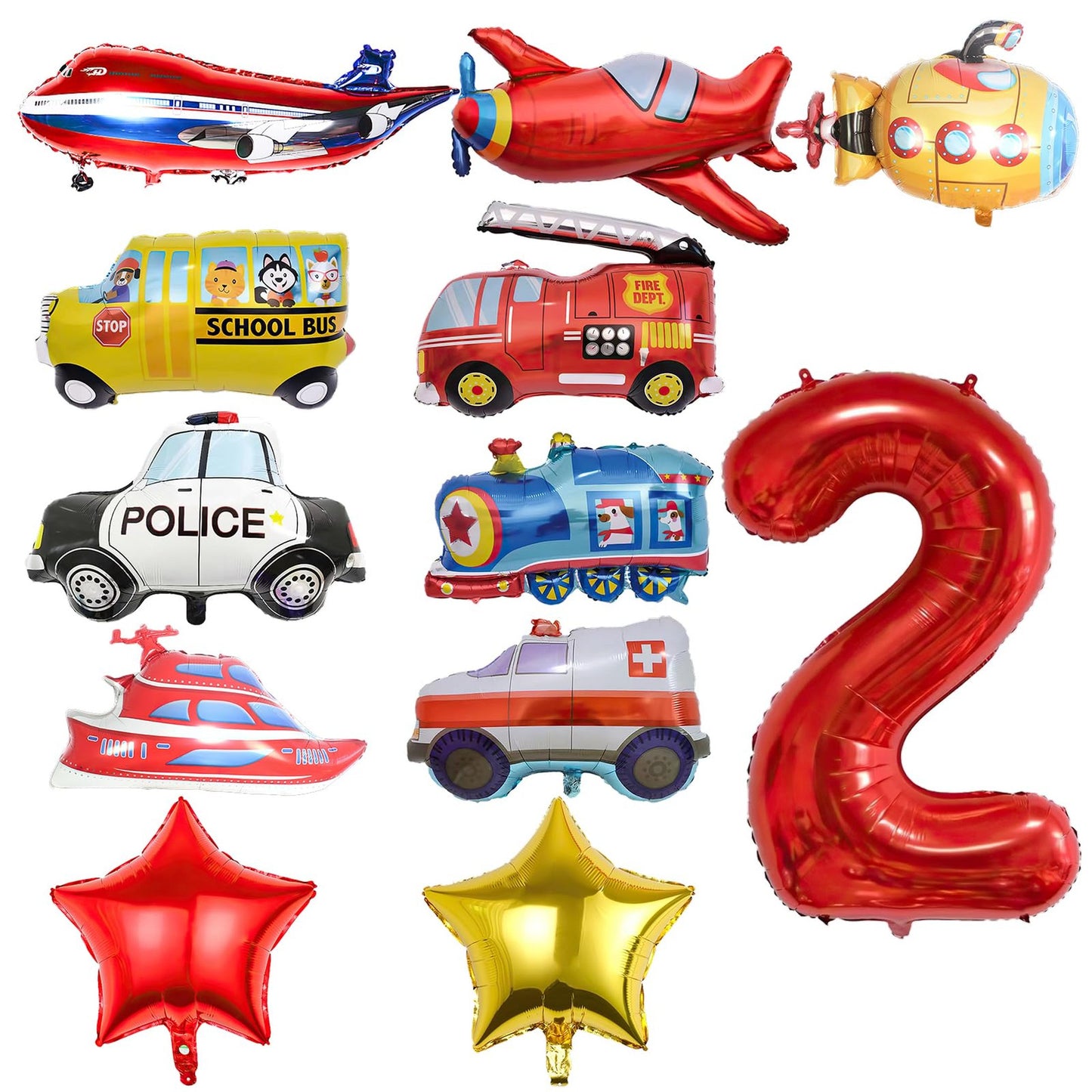 Transportation Adventure Party Pack - Includes 12pcs of Truck, Plane, School Bus, Police Car, Ship, Ambulance, Submarine, Birthday Number F Balloons for 2nd Birthday Vehicles Theme Decorations.