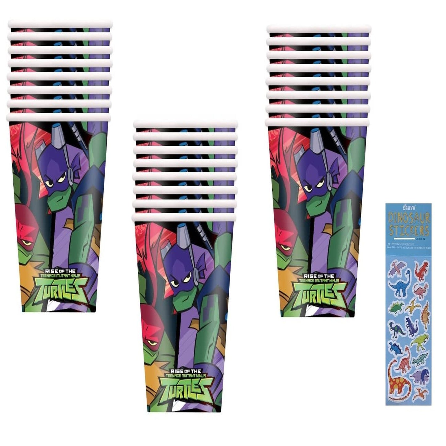 Ninja Turtles Party Pack - 24 Paper Cups & Dino Sticker Sheet - Kids Birthday Supplies - Fun & Colorful Decorations for Boys & Girls!