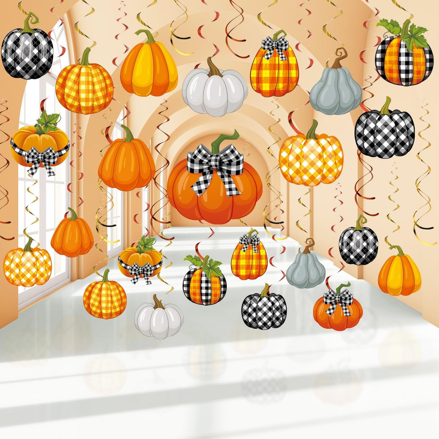 Autumn Harvest Swirls - 54pc Thanksgiving Party Decorations with Pumpkin Maple Cutouts. Perfect for Fall celebrations and festive gatherings!