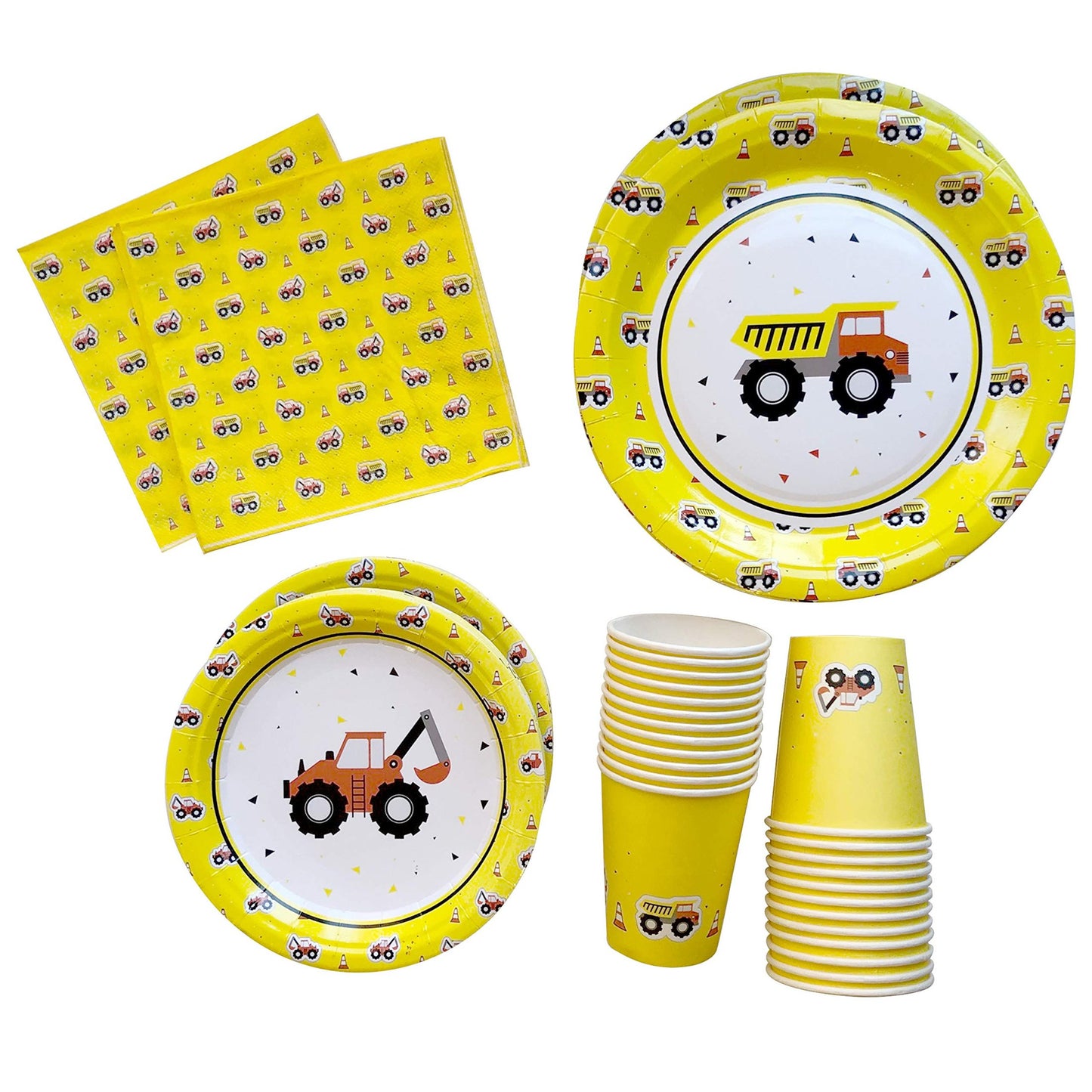 Construction Crew Party Pack - Complete set of construction-themed party supplies for 24 guests. Includes plates, utensils, and decorations for a fun excavator birthday celebration!