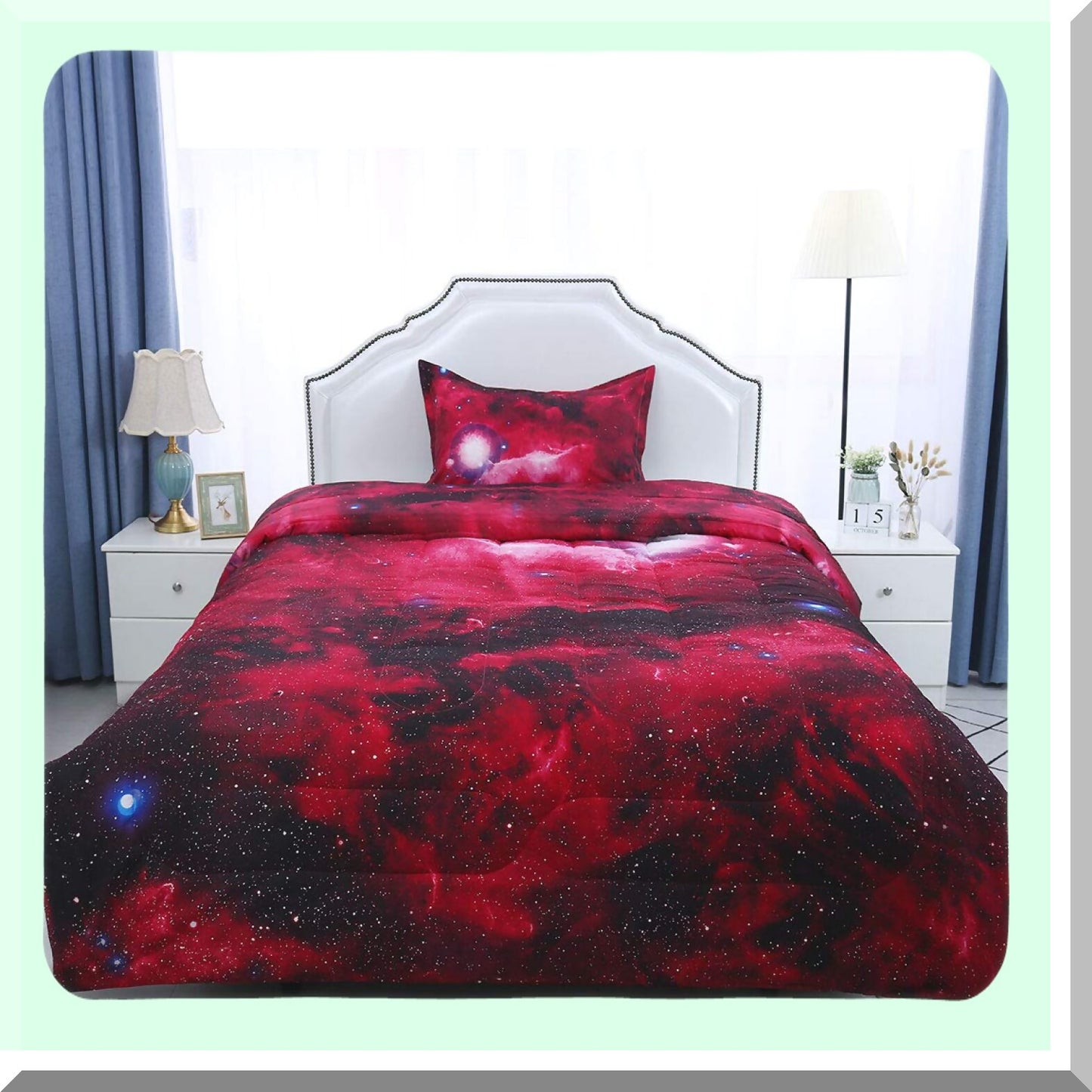 Galaxy Red Twin Comforter Set - 3D Outer Space Themed Bedding - All-Season Down Alternative Quilted Duvet - Reversible Design - Includes Comforter & Pillowcase