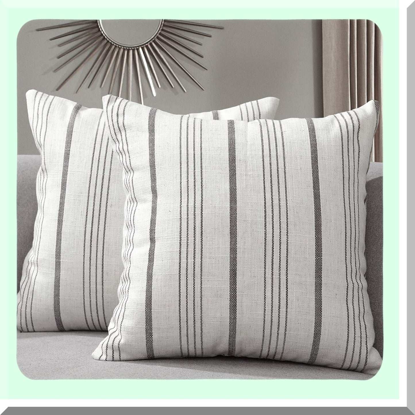 Farmhouse Stripe Linen Pillow Cover Set - Cream/Off-White Charcoal Square Throw Case - Textured Couch Chair Bedroom Decor - 20" x 20" - Set of 2
