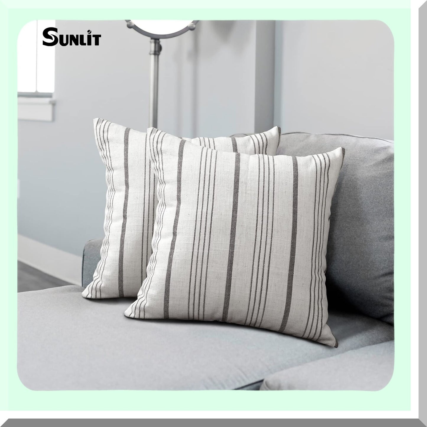 Farmhouse Stripe Linen Pillow Cover Set - Cream/Off-White Charcoal Square Throw Case - Textured Couch Chair Bedroom Decor - 20" x 20" - Set of 2