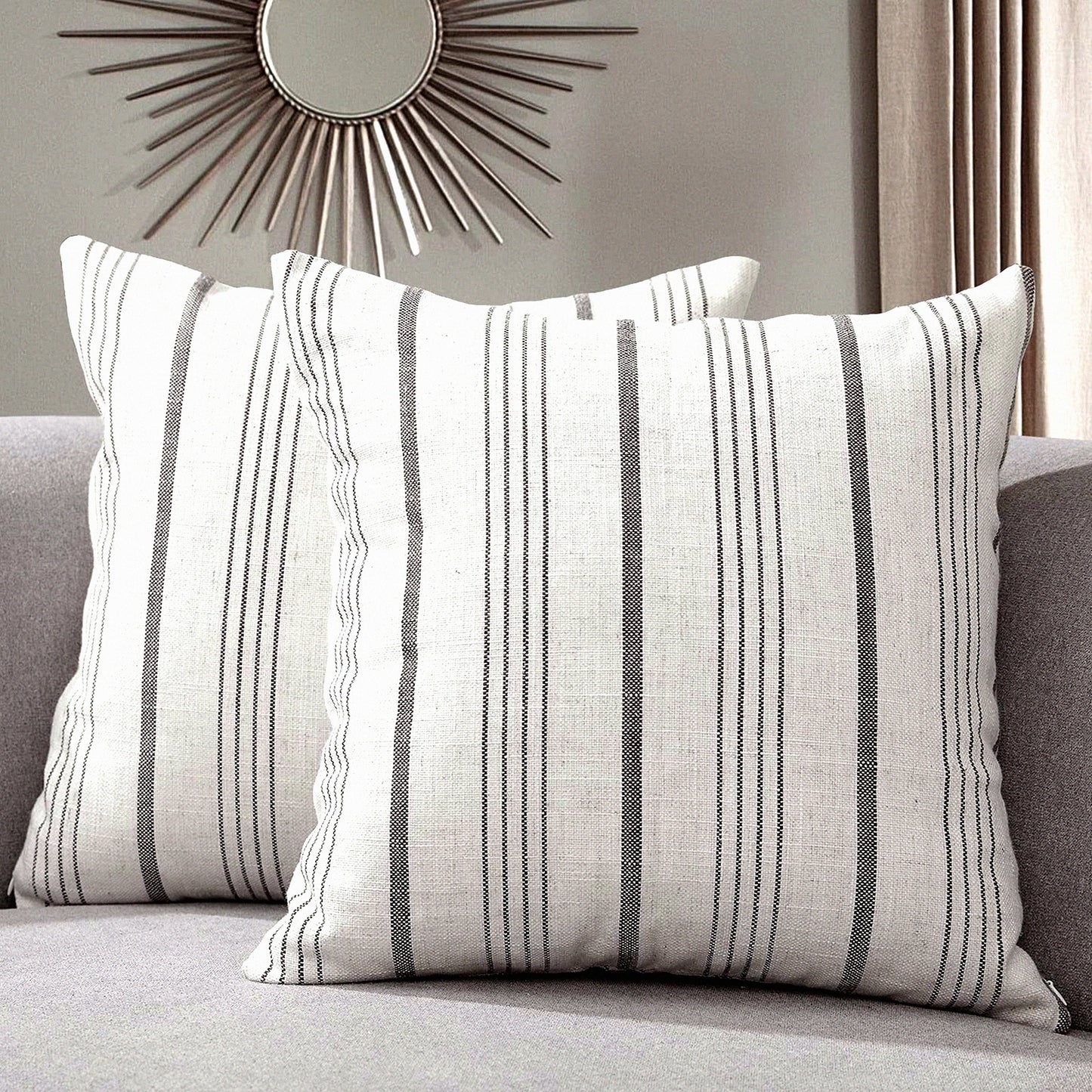 Farmhouse Stripe Linen Pillow Cover Set - Cream/Off-White Charcoal Square Throw Case - Textured Couch Chair Bedroom Decor - 20" x 20" - Set of 2