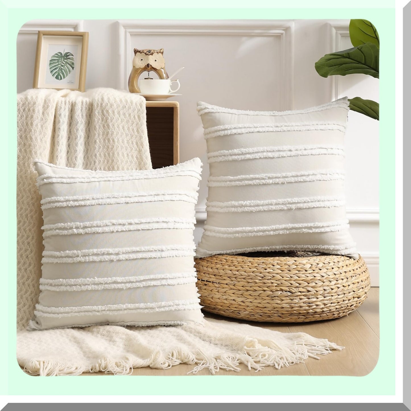 Neutral Stripe Boho Linen Pillow Covers - Set of 2 18X18 - Beige Decorative Throw Covers for Couch Sofa Living Room - Home Decor Accent Pieces