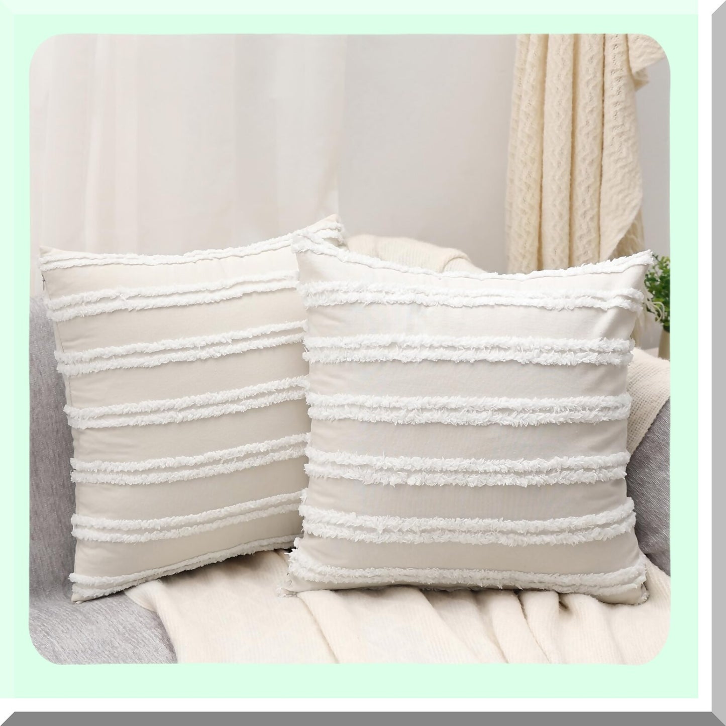 Neutral Stripe Boho Linen Pillow Covers - Set of 2 18X18 - Beige Decorative Throw Covers for Couch Sofa Living Room - Home Decor Accent Pieces