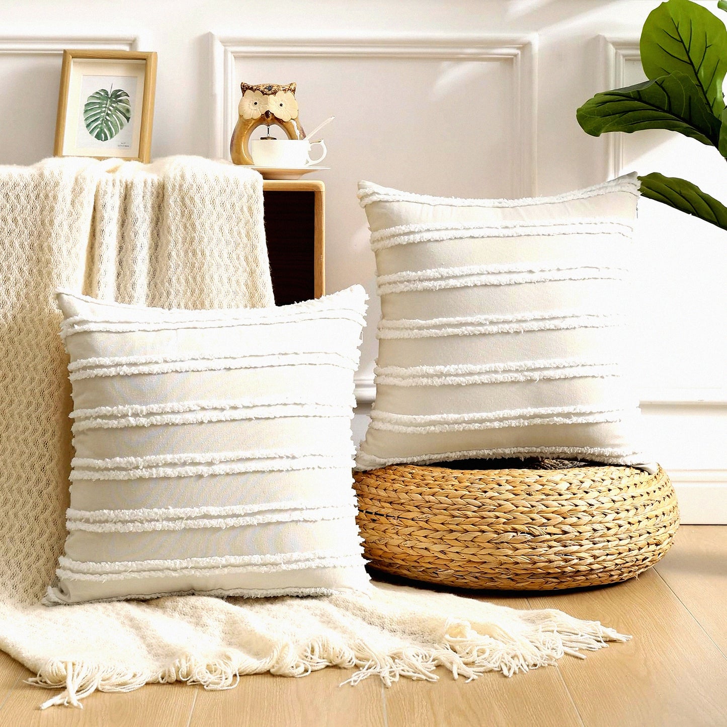 Neutral Stripe Boho Linen Pillow Covers - Set of 2 18X18 - Beige Decorative Throw Covers for Couch Sofa Living Room - Home Decor Accent Pieces