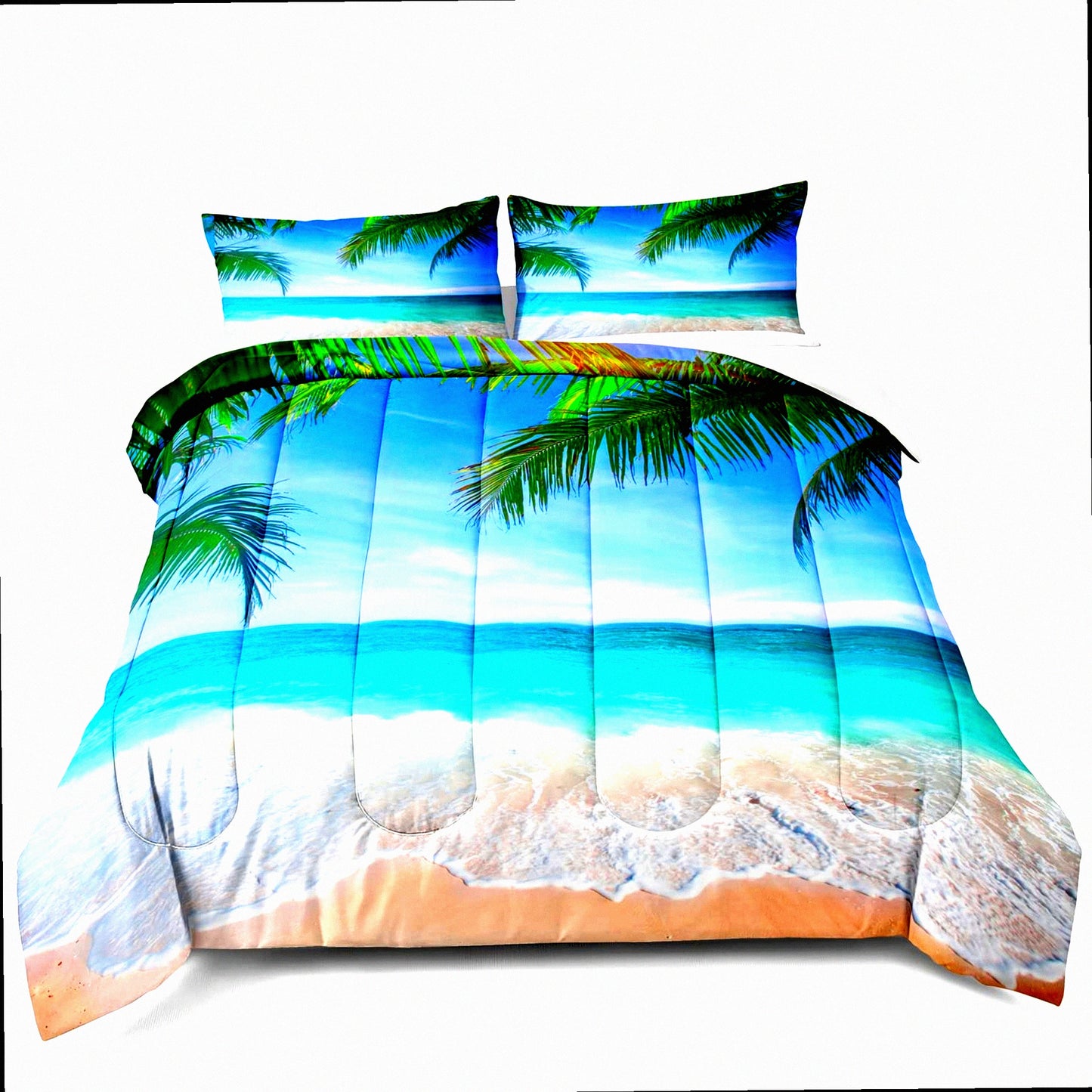 Tropical Breeze Full Size Comforter Set - Palm Tree Beach Bedding with Ocean Theme, 1 Comforter and 2 Pillowcases Included for All Seasons Comfort.