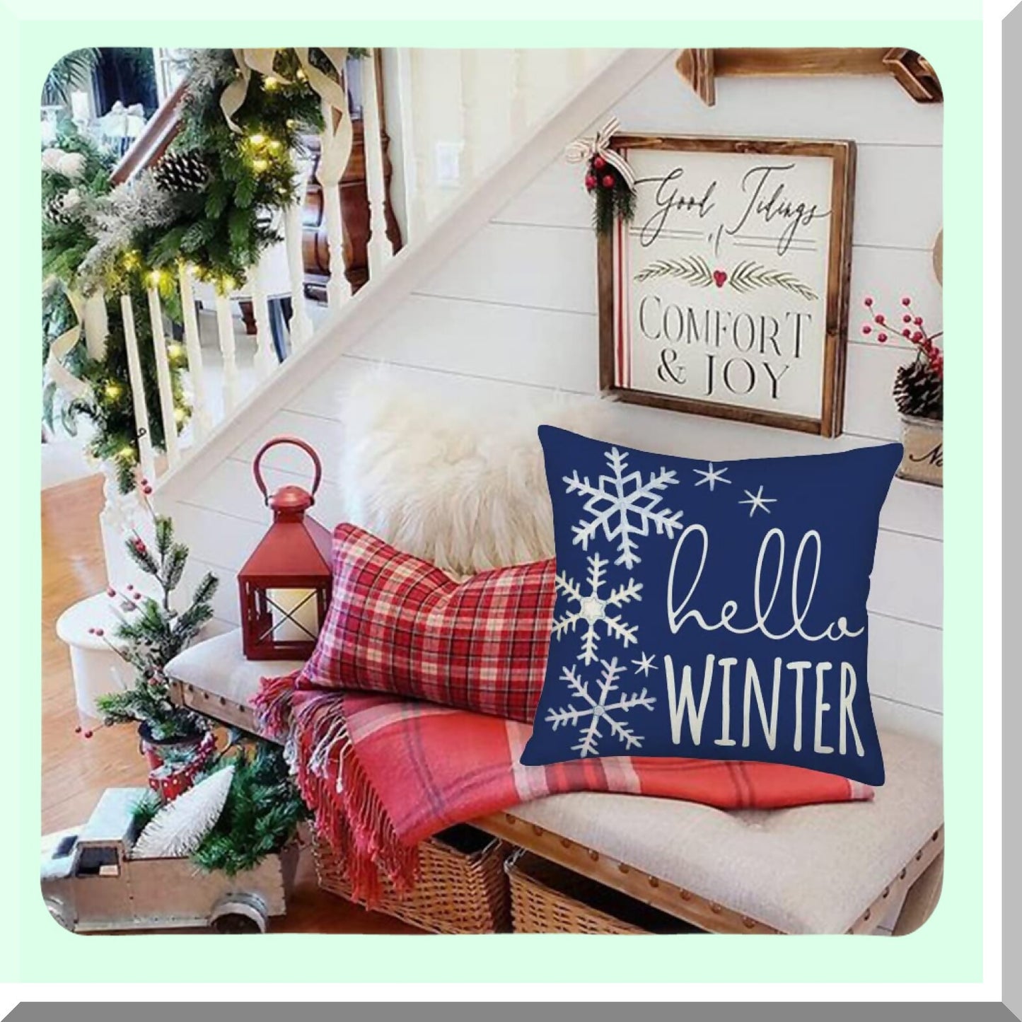 Winter Wonderland Snowflake Farmhouse Pillow Cover - Blue & White 18x18 Decorative Cushion Case for Home Sofa Couch. Perfect Winter Holiday Decor!