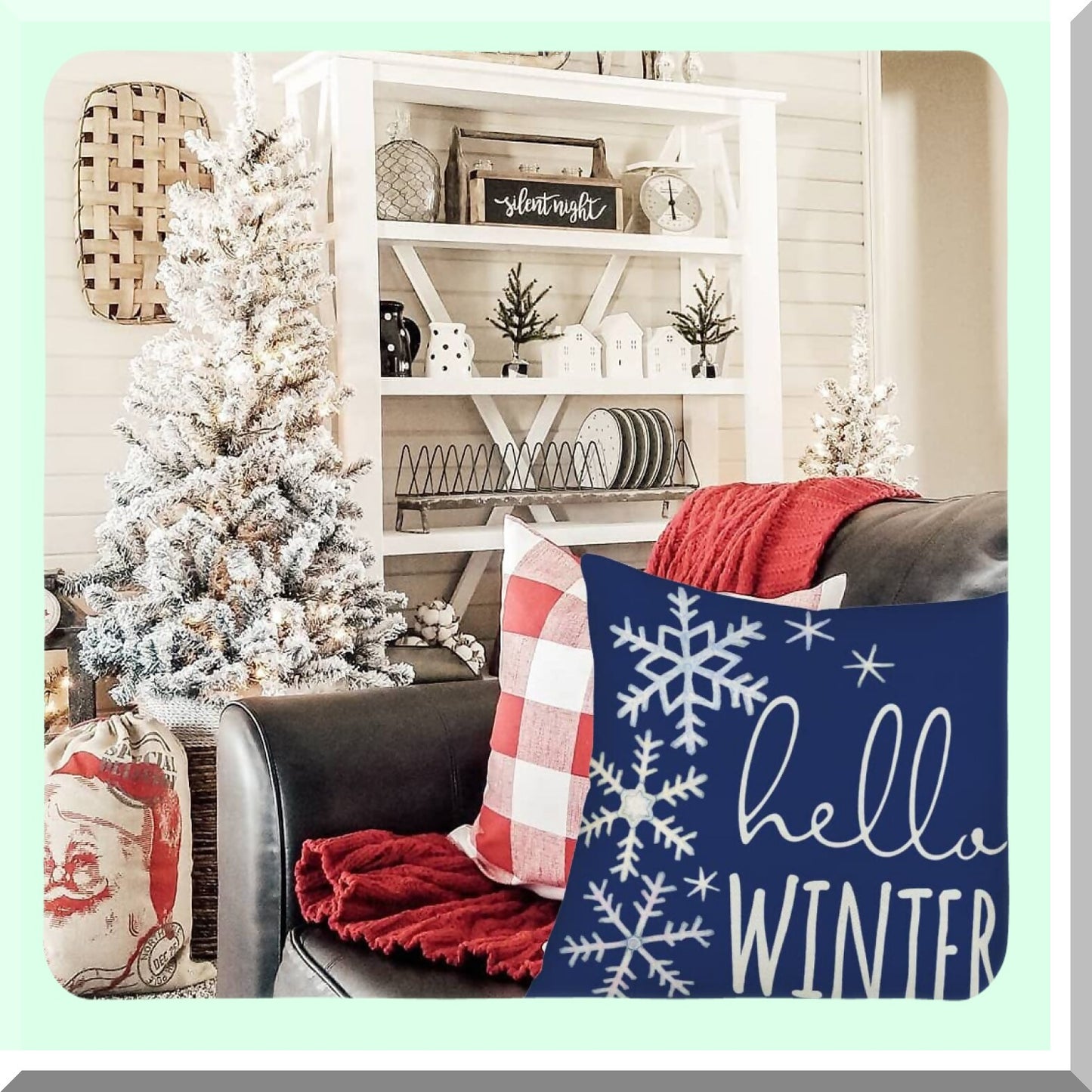 Winter Wonderland Snowflake Farmhouse Pillow Cover - Blue & White 18x18 Decorative Cushion Case for Home Sofa Couch. Perfect Winter Holiday Decor!